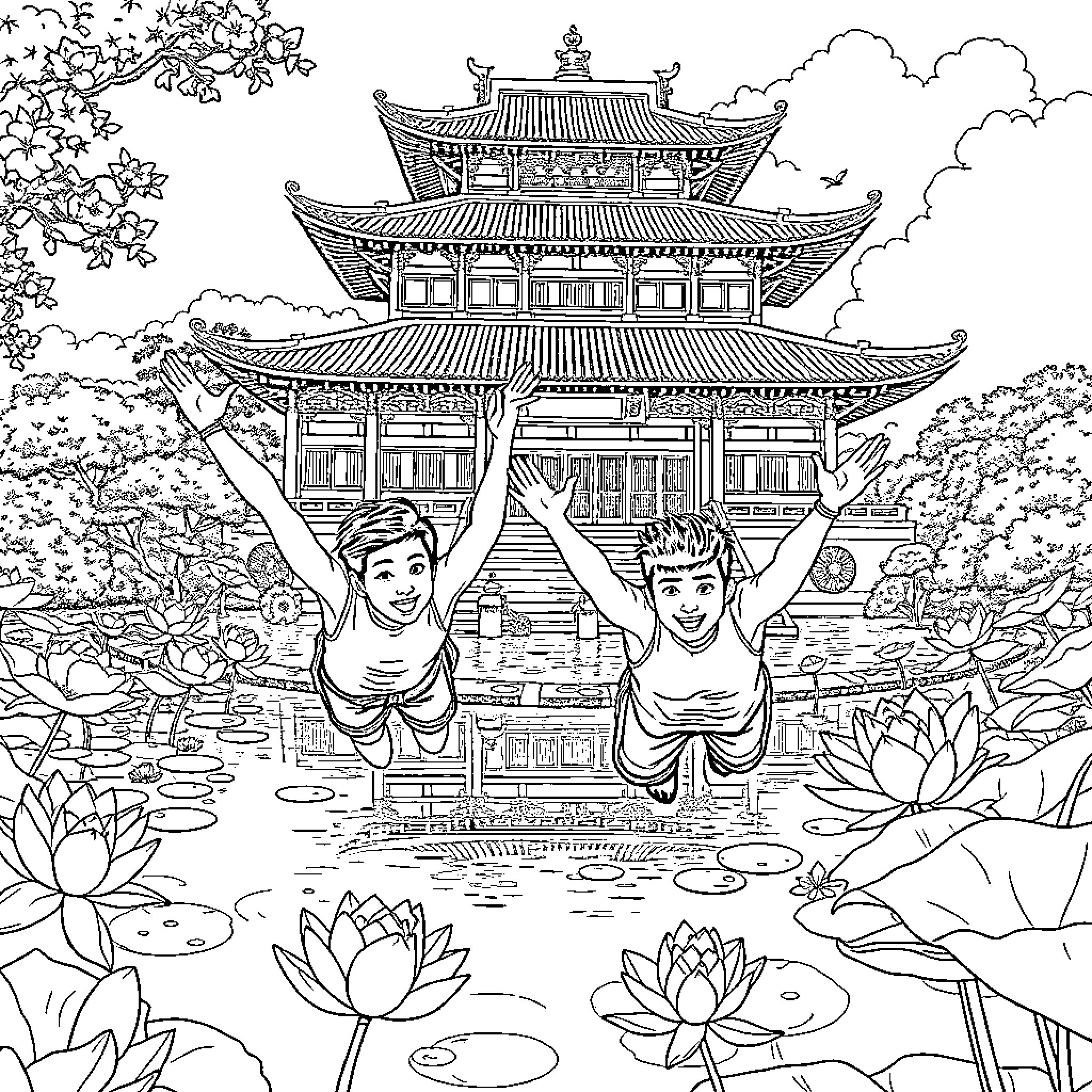 Guy leaping through Japanese temple garden Coloring Page (free black-and-white line drawing printable PDF for all, from beginners to advanced learners, including children, teens, adults, and seniors)