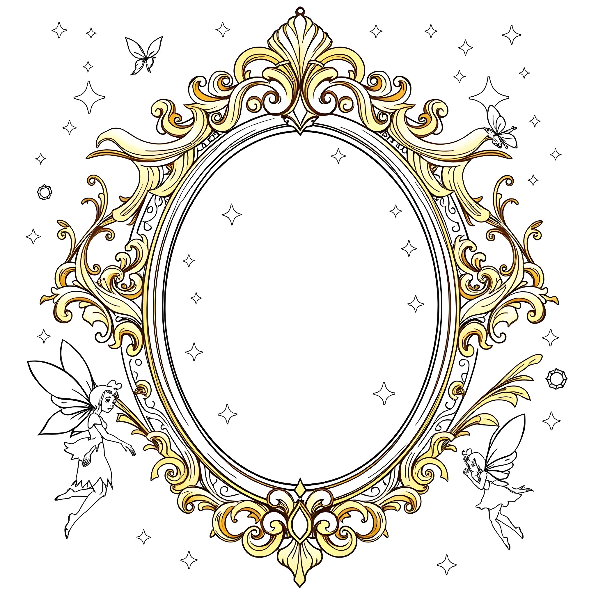 Magic Mirror with Ornate Frame and Fairy Silhouettes Coloring Page (free black-and-white line drawing printable PDF for all, from beginners to advanced learners, including children, teens, adults, and seniors)