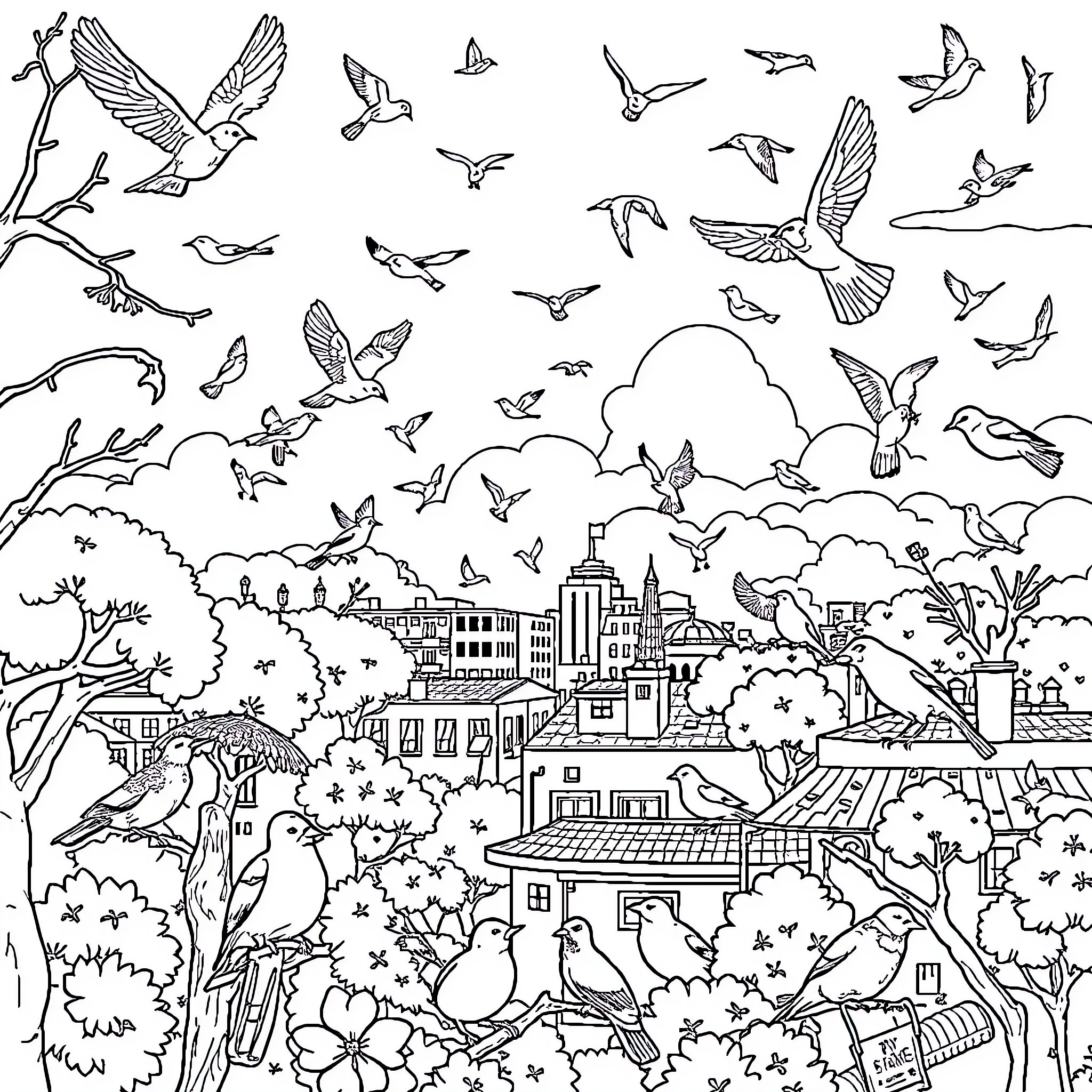 Birds flying free over cityscape Coloring Page (free black-and-white line drawing printable PDF for all, from beginners to advanced learners, including children, teens, adults, and seniors)