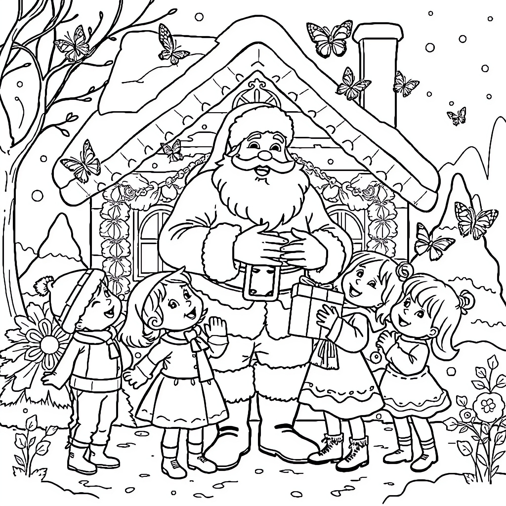 Santa Claus Greeting Children in Winter Wonderland Coloring Page (free black-and-white line drawing printable PDF for all, from beginners to advanced learners, including children, teens, adults, and seniors)