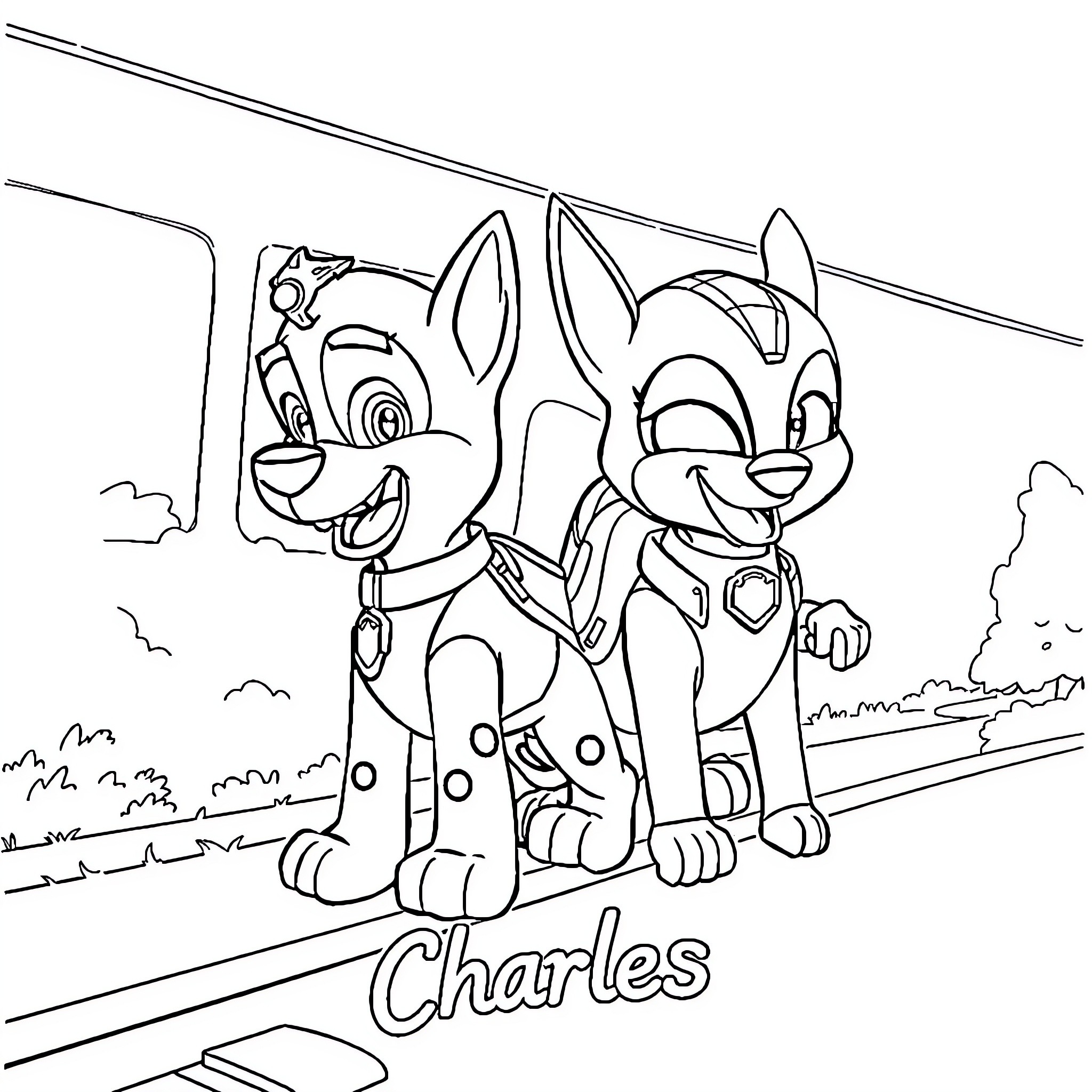 Chase of Cartoon Puppies on the Road Coloring Page (free black-and-white line drawing printable PDF for all, from beginners to advanced learners, including children, teens, adults, and seniors)
