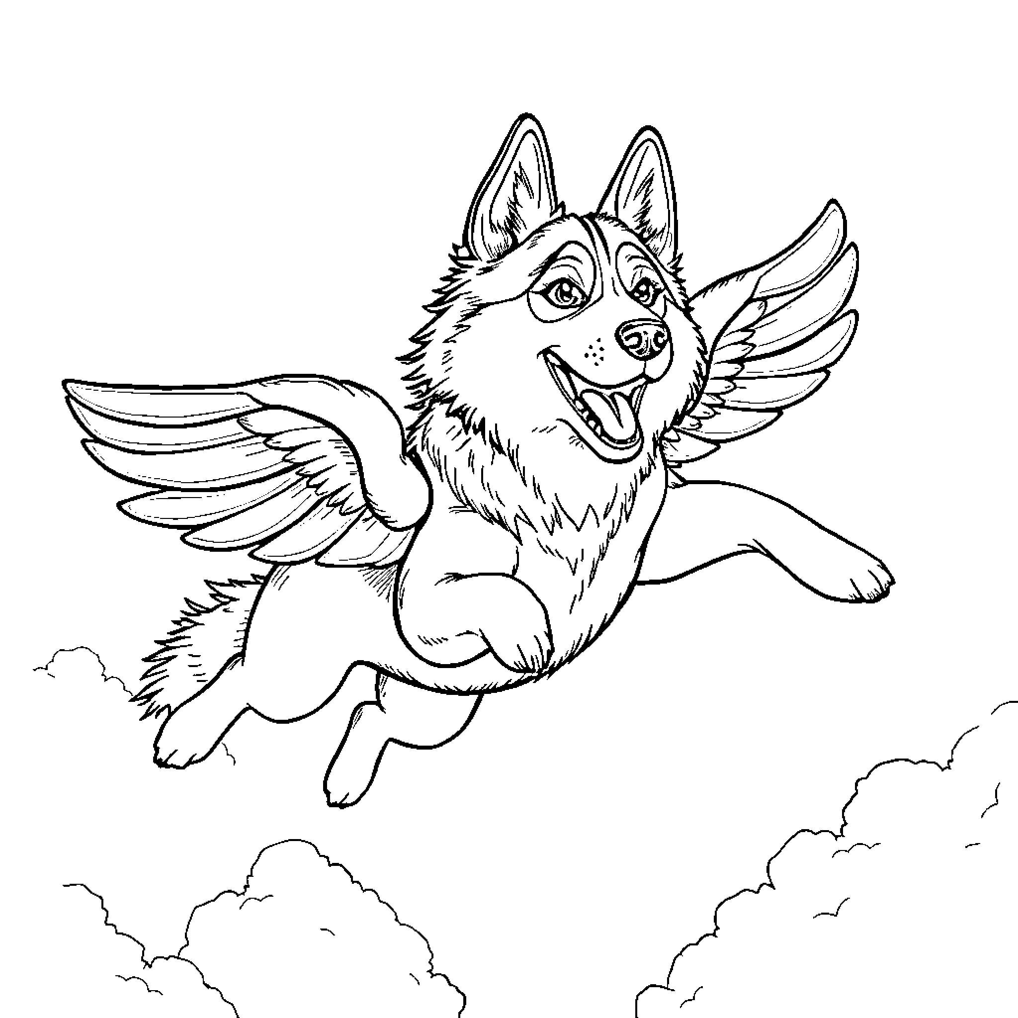 Husky dog with wings soaring in the sky Coloring Page (free black-and-white line drawing printable PDF for all, from beginners to advanced learners, including children, teens, adults, and seniors)