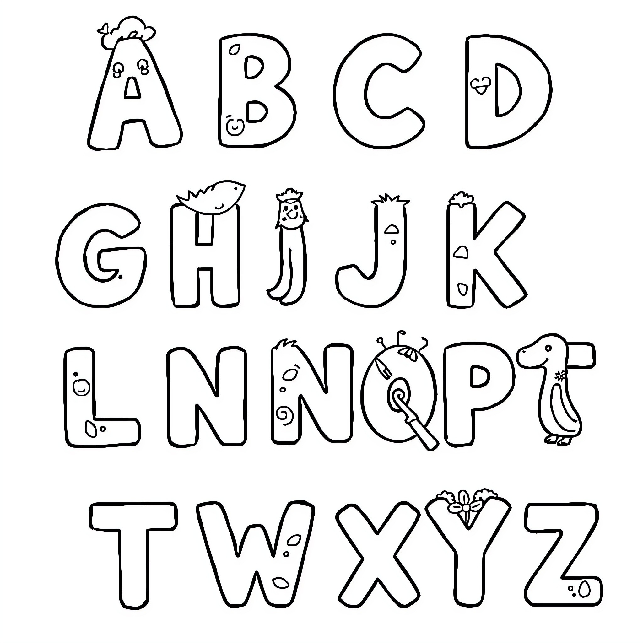 Alphabet of Playful Characters and Symbols Coloring Page (free black-and-white line drawing printable PDF for all, from beginners to advanced learners, including children, teens, adults, and seniors)