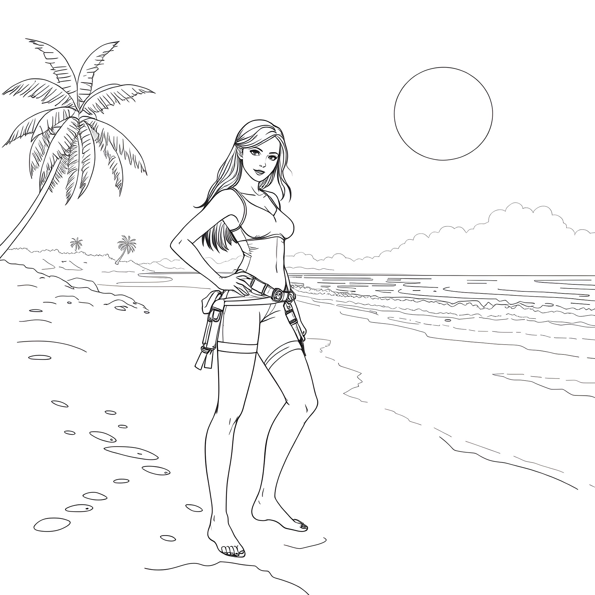 Lara Croft exploring the tropical beach Coloring Page (free black-and-white line drawing printable PDF for all, from beginners to advanced learners, including children, teens, adults, and seniors)