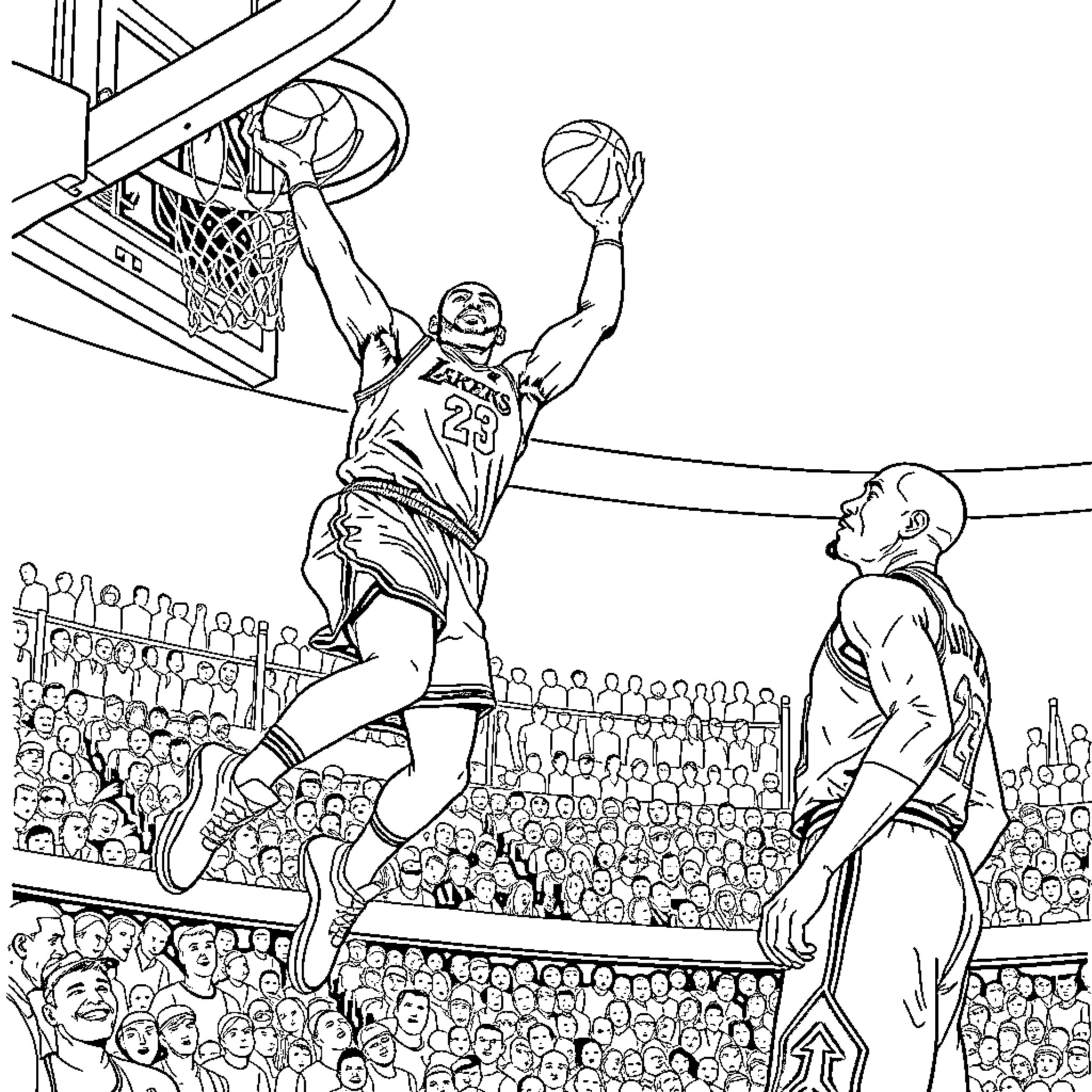 LeBron James Slam Dunking During Basketball Game Coloring Page (free black-and-white line drawing printable PDF for all, from beginners to advanced learners, including children, teens, adults, and seniors)