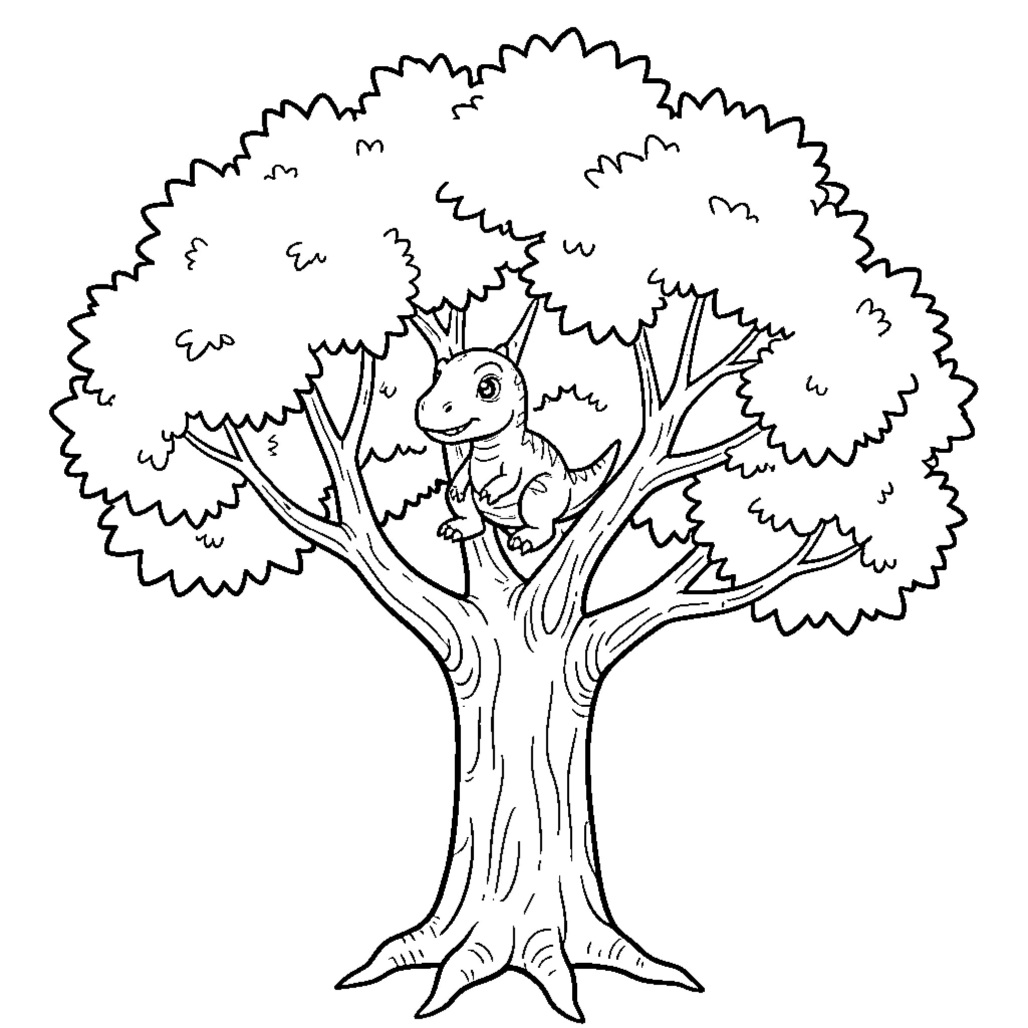 Dinosaur resting in a tree Coloring Page (free black-and-white line drawing printable PDF for all, from beginners to advanced learners, including children, teens, adults, and seniors)