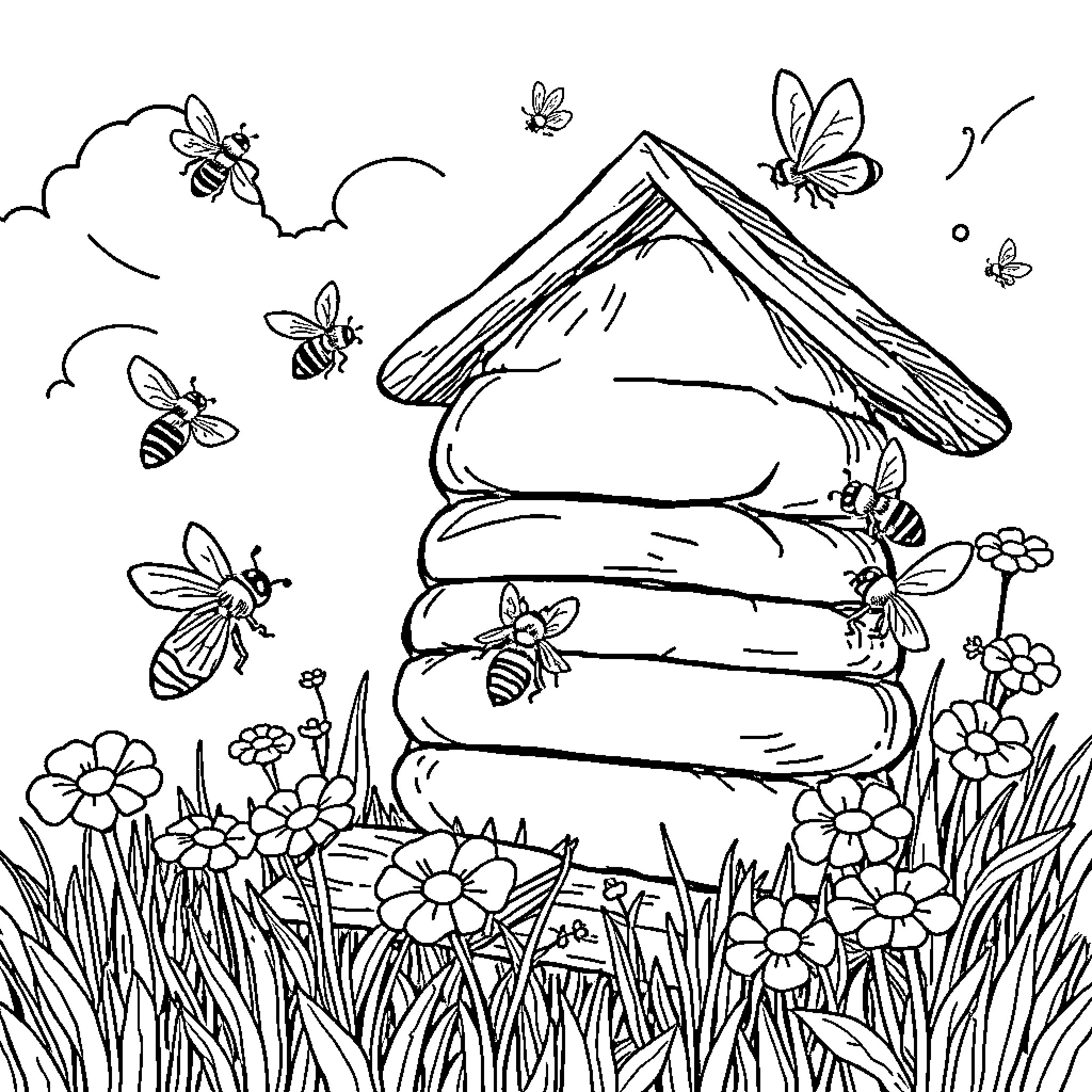 Bees buzzing around the beehive in nature Coloring Page (free black-and-white line drawing printable PDF for all, from beginners to advanced learners, including children, teens, adults, and seniors)