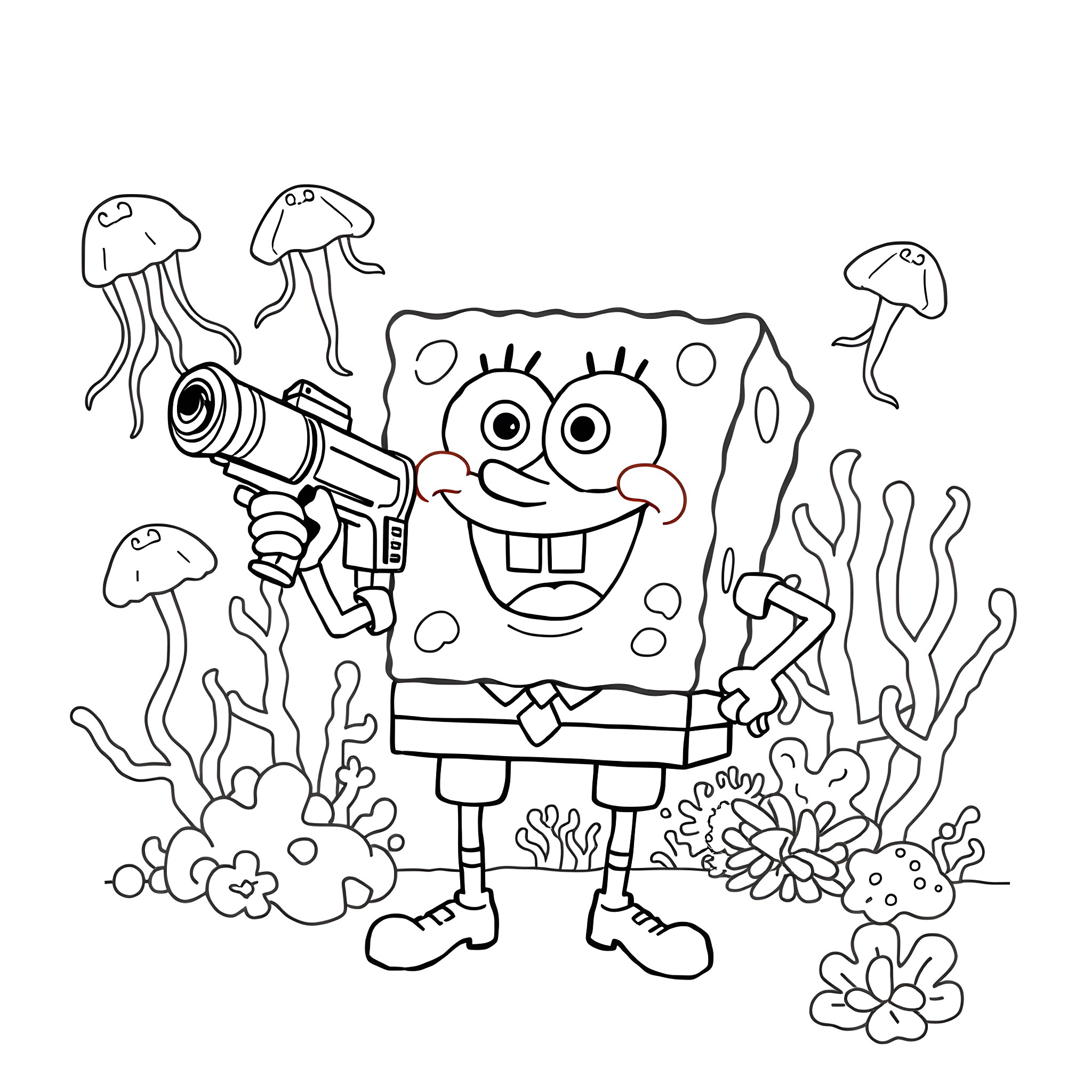Spongebob exploring the underwater world with a camera Coloring Page (free black-and-white line drawing printable PDF for all, from beginners to advanced learners, including children, teens, adults, and seniors)