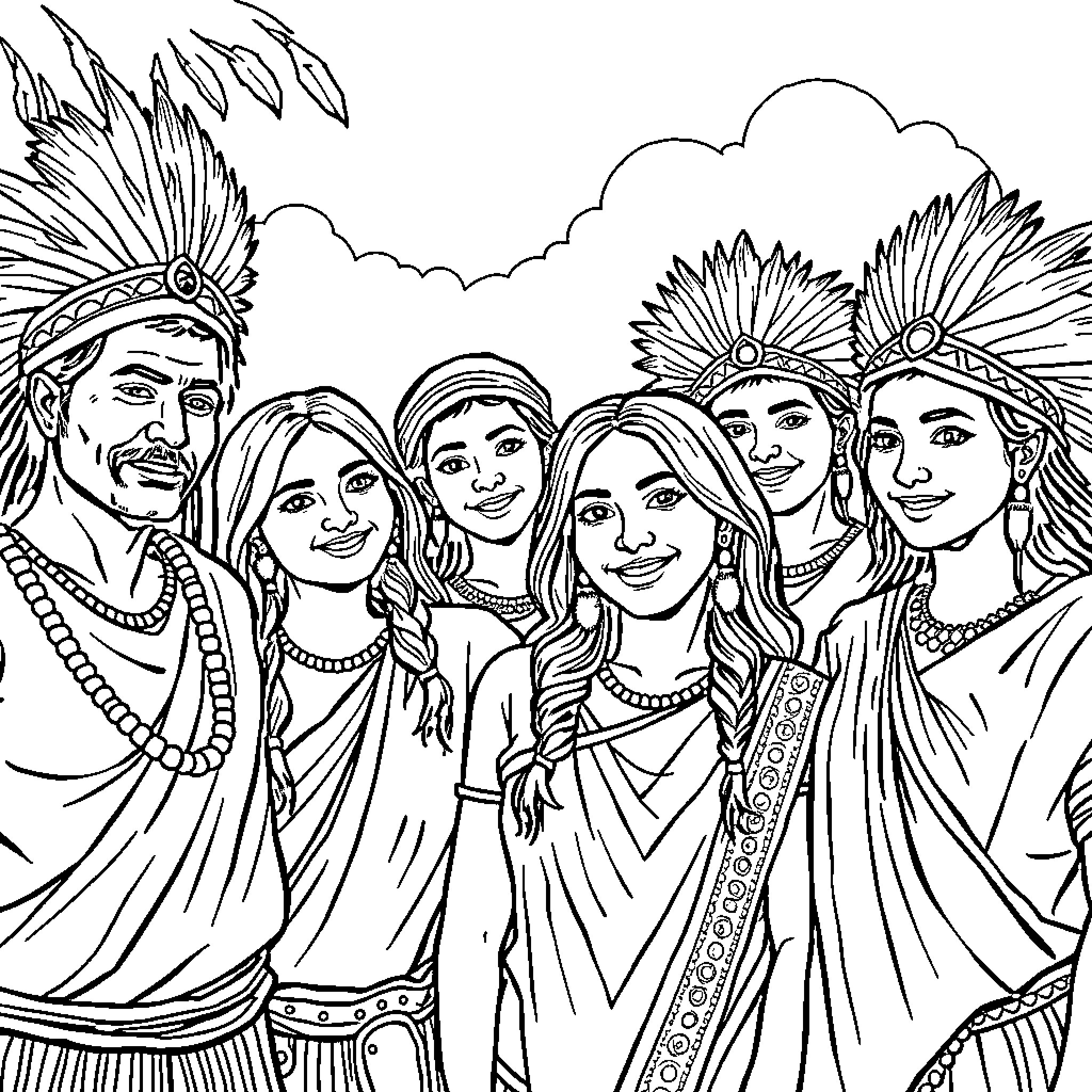 Man and group of people in traditional indigenous attire Coloring Page (free black-and-white line drawing printable PDF for all, from beginners to advanced learners, including children, teens, adults, and seniors)