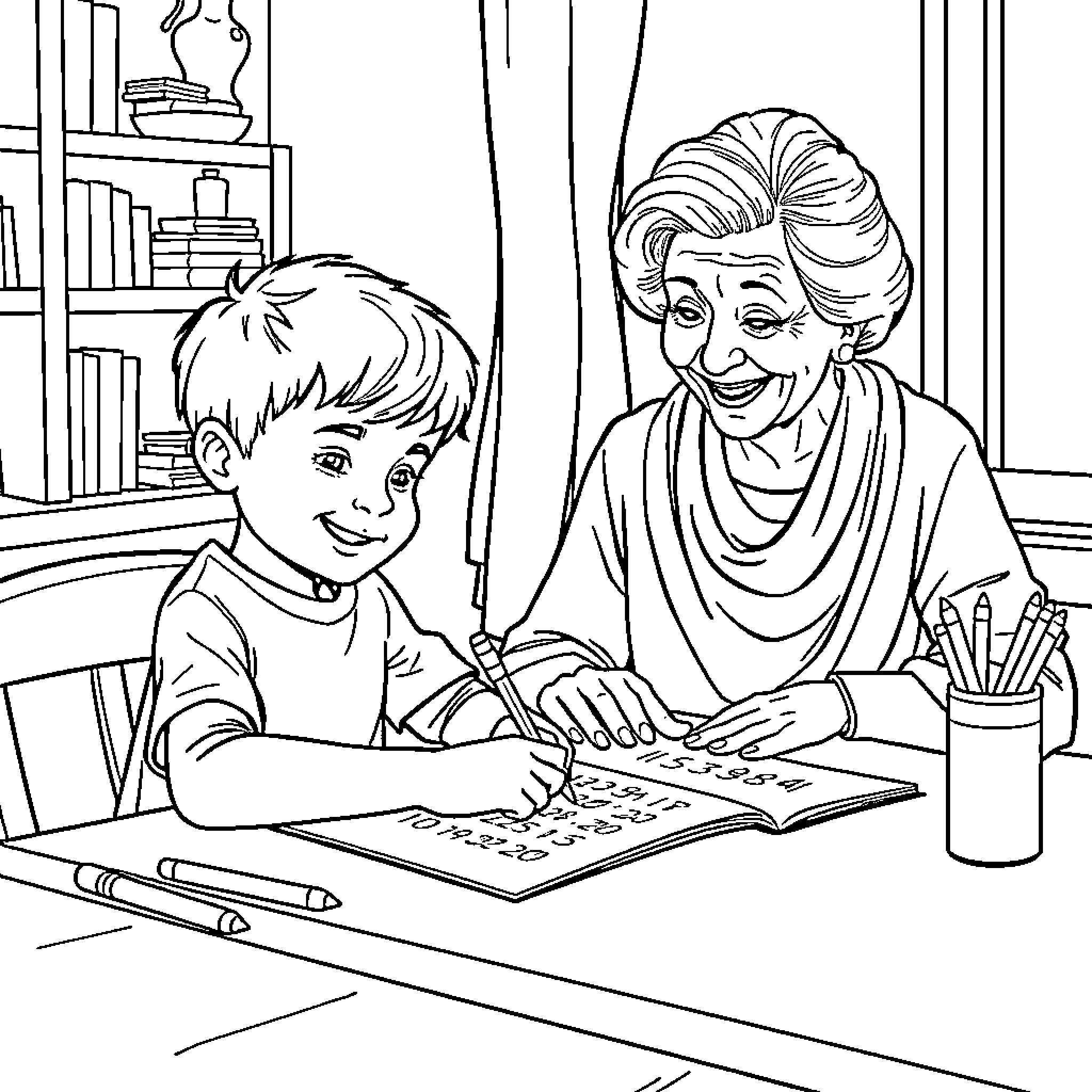 Kid and grandparent working together on learning activity Coloring Page (free black-and-white line drawing printable PDF for all, from beginners to advanced learners, including children, teens, adults, and seniors)