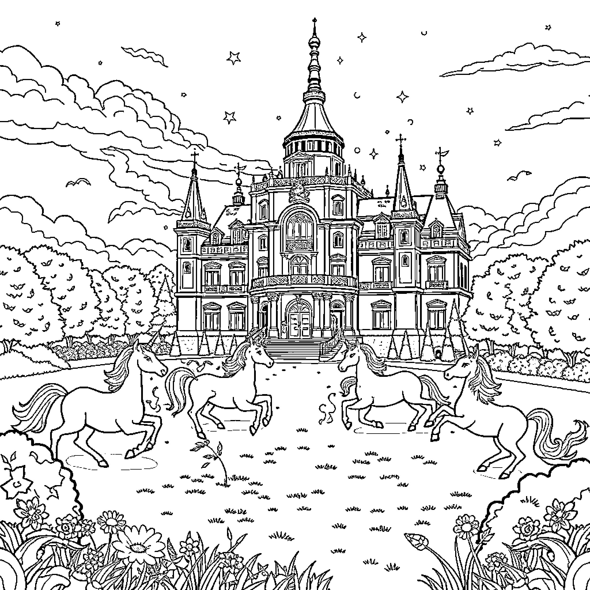 Unicorn fantasy castle with prancing horses Coloring Page (free black-and-white line drawing printable PDF for all, from beginners to advanced learners, including children, teens, adults, and seniors)