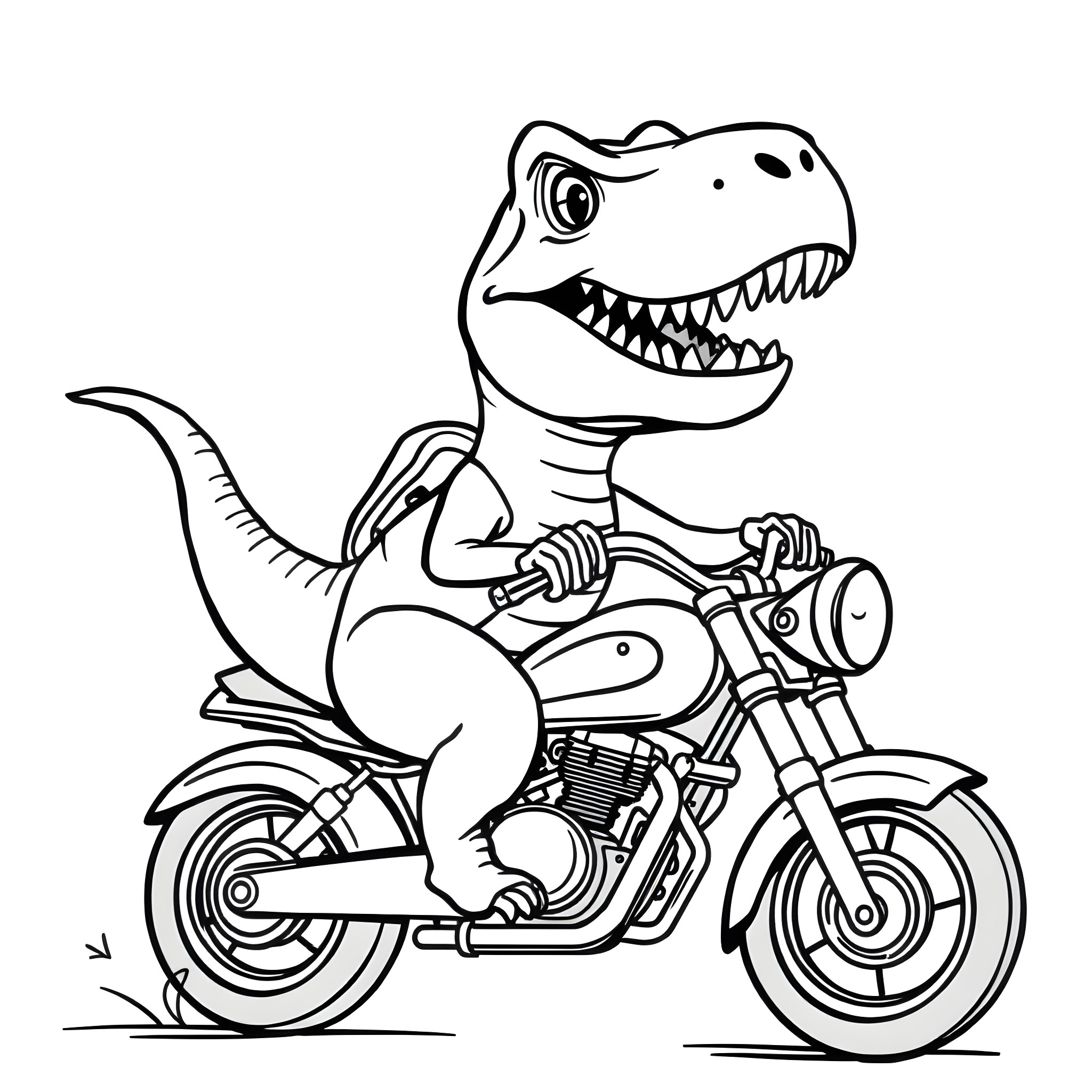 T-Rex riding a motorcycle with determination Coloring Page (free black-and-white line drawing printable PDF for all, from beginners to advanced learners, including children, teens, adults, and seniors)