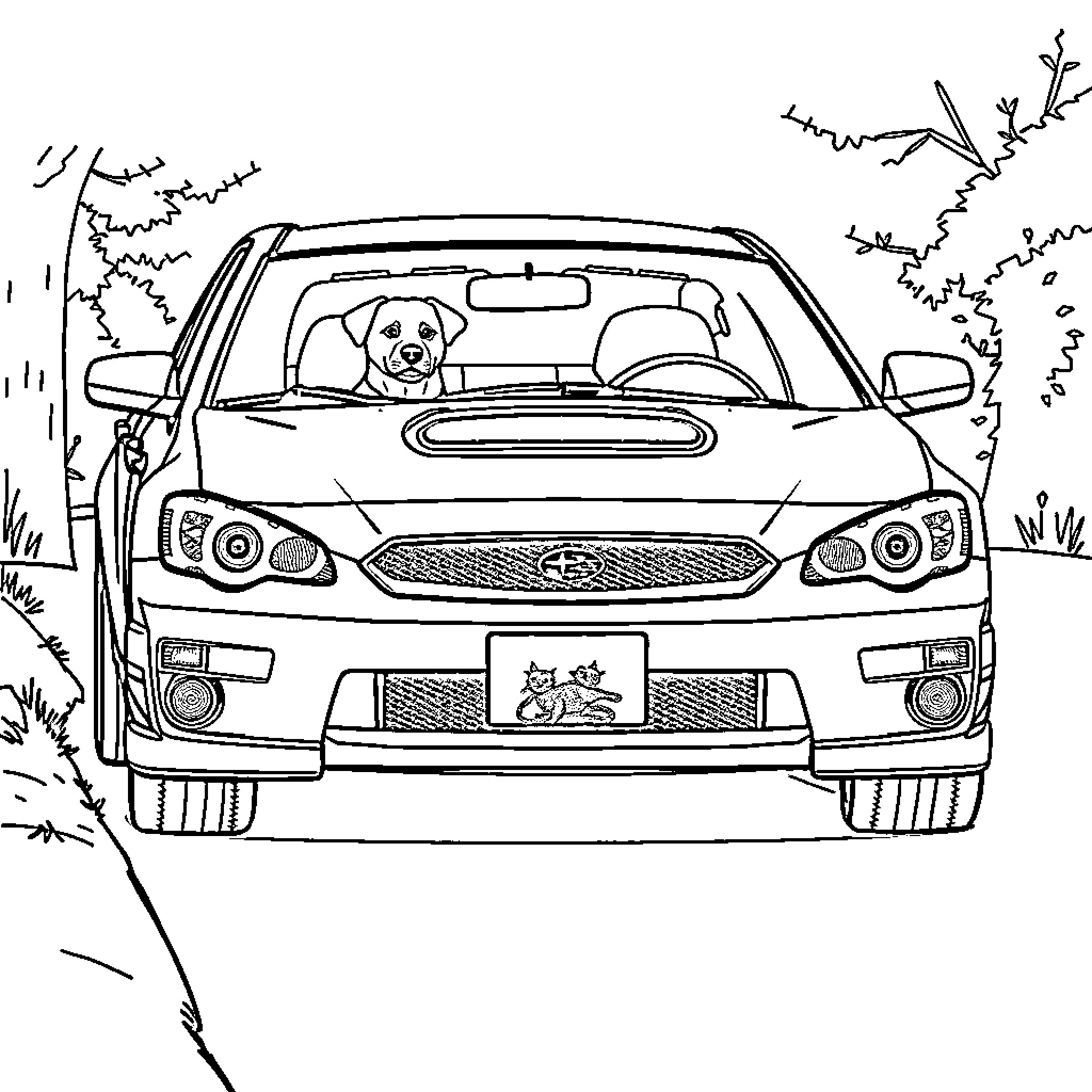 Subaru car with dog enjoying the ride Coloring Page (free black-and-white line drawing printable PDF for all, from beginners to advanced learners, including children, teens, adults, and seniors)