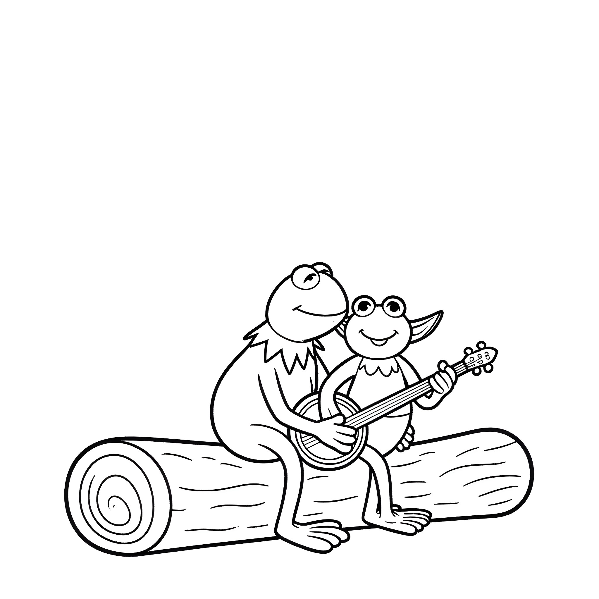 Kermit and Fozzie bear playing music on a log Coloring Page (free black-and-white line drawing printable PDF for all, from beginners to advanced learners, including children, teens, adults, and seniors)