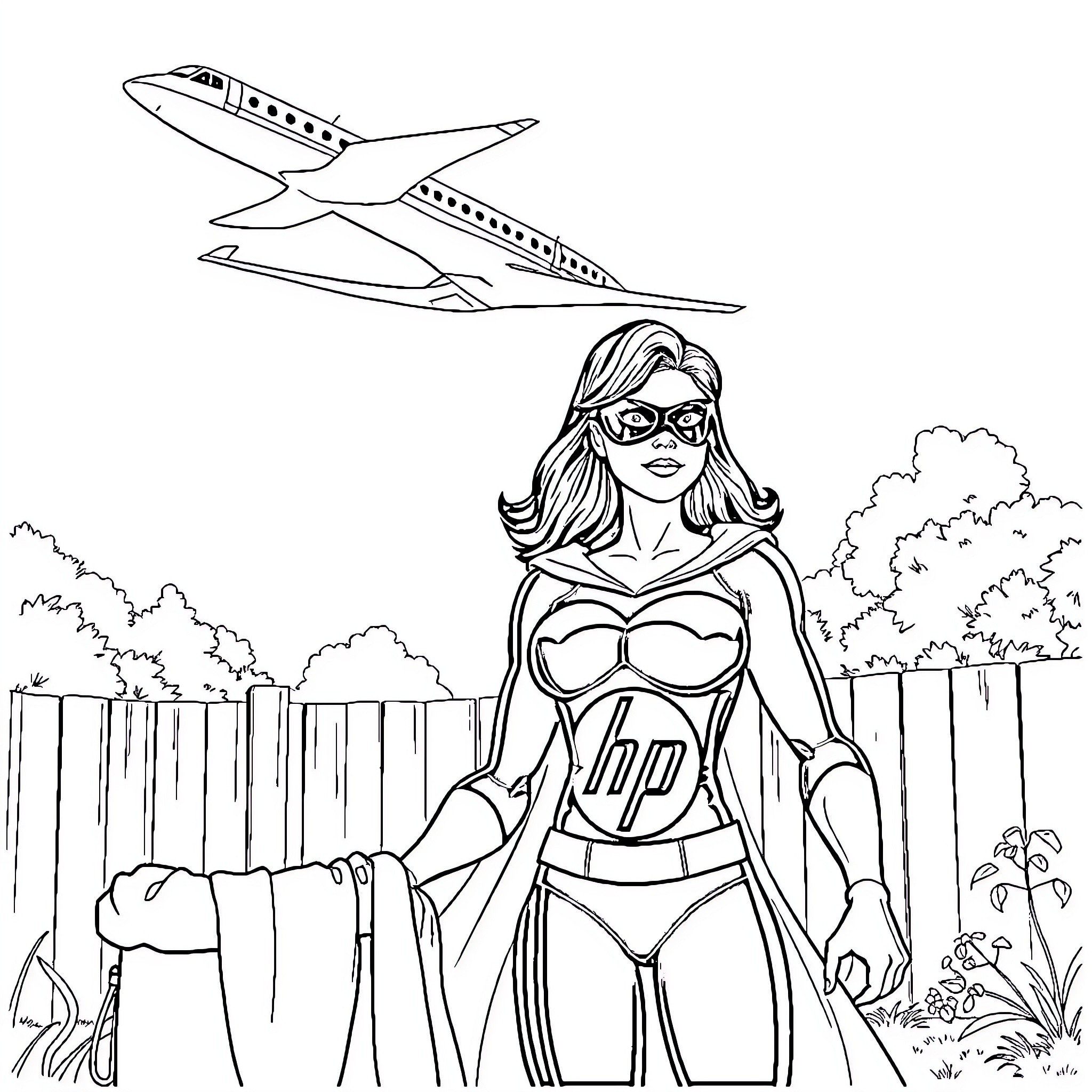 Superhero Woman Soaring Above Scenic Landscape Coloring Page (free black-and-white line drawing printable PDF for all, from beginners to advanced learners, including children, teens, adults, and seniors)