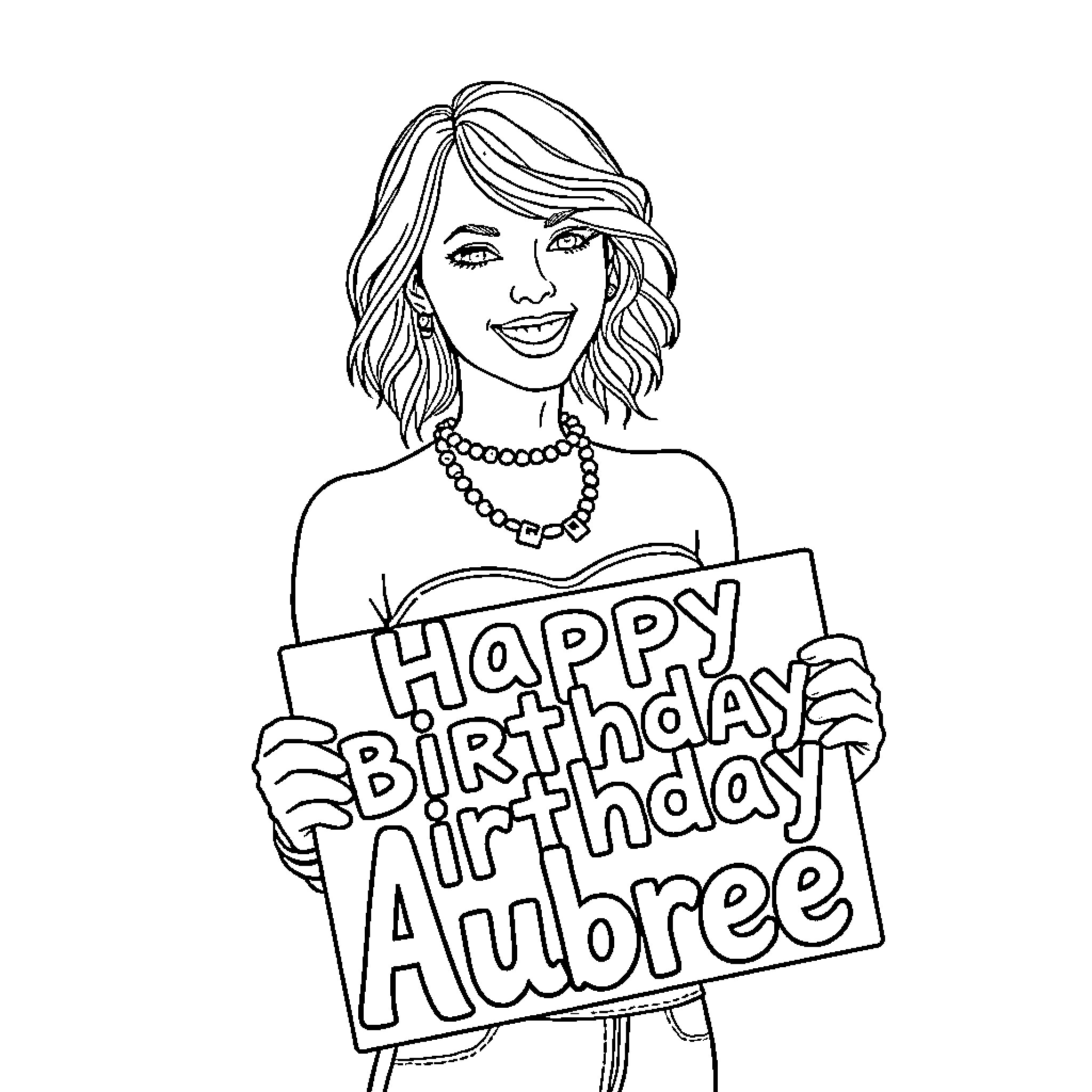 Taylor Swift celebrating a birthday with a sign Coloring Page (free black-and-white line drawing printable PDF for all, from beginners to advanced learners, including children, teens, adults, and seniors)