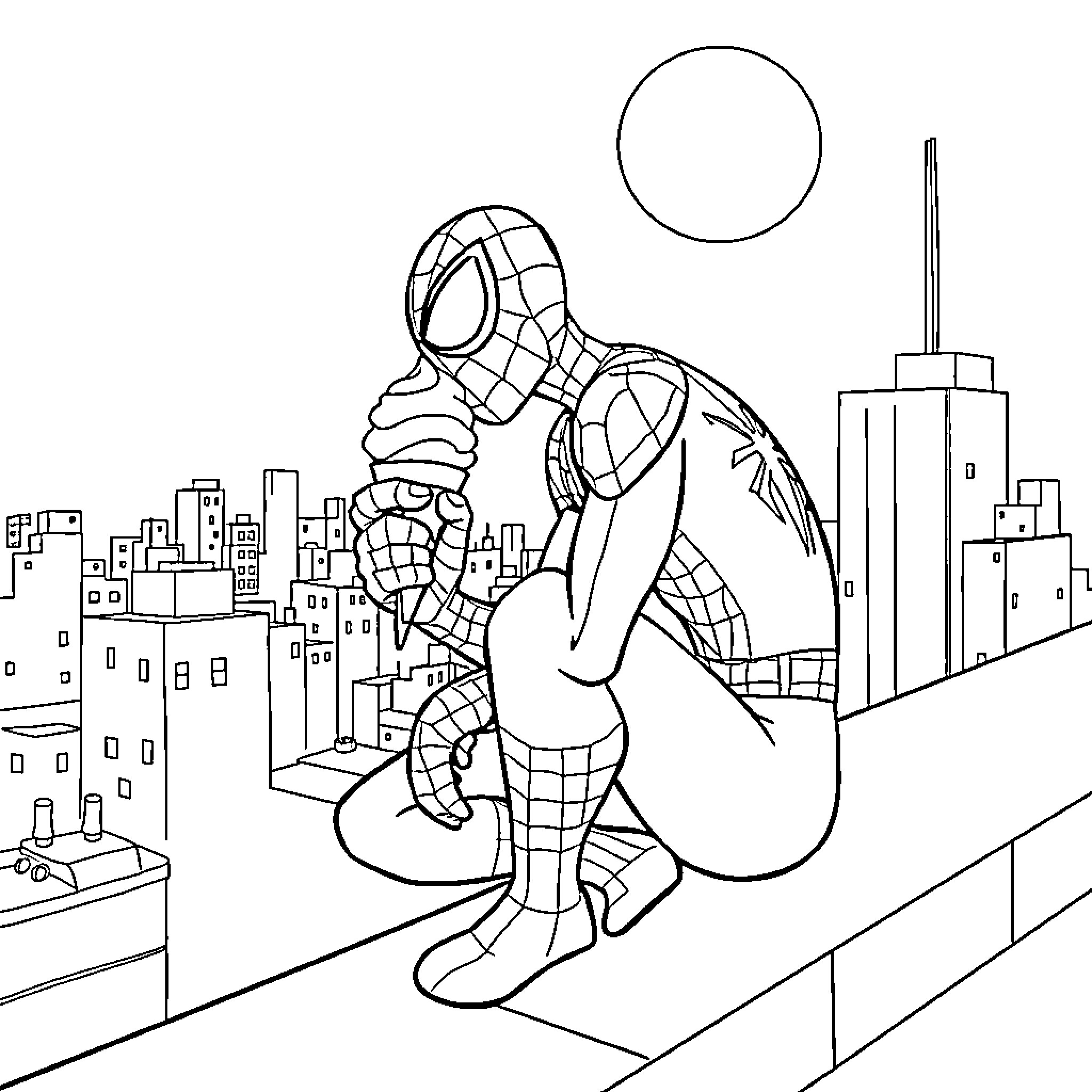 Spider-Man swinging through the city skyline Coloring Page (free black-and-white line drawing printable PDF for all, from beginners to advanced learners, including children, teens, adults, and seniors)