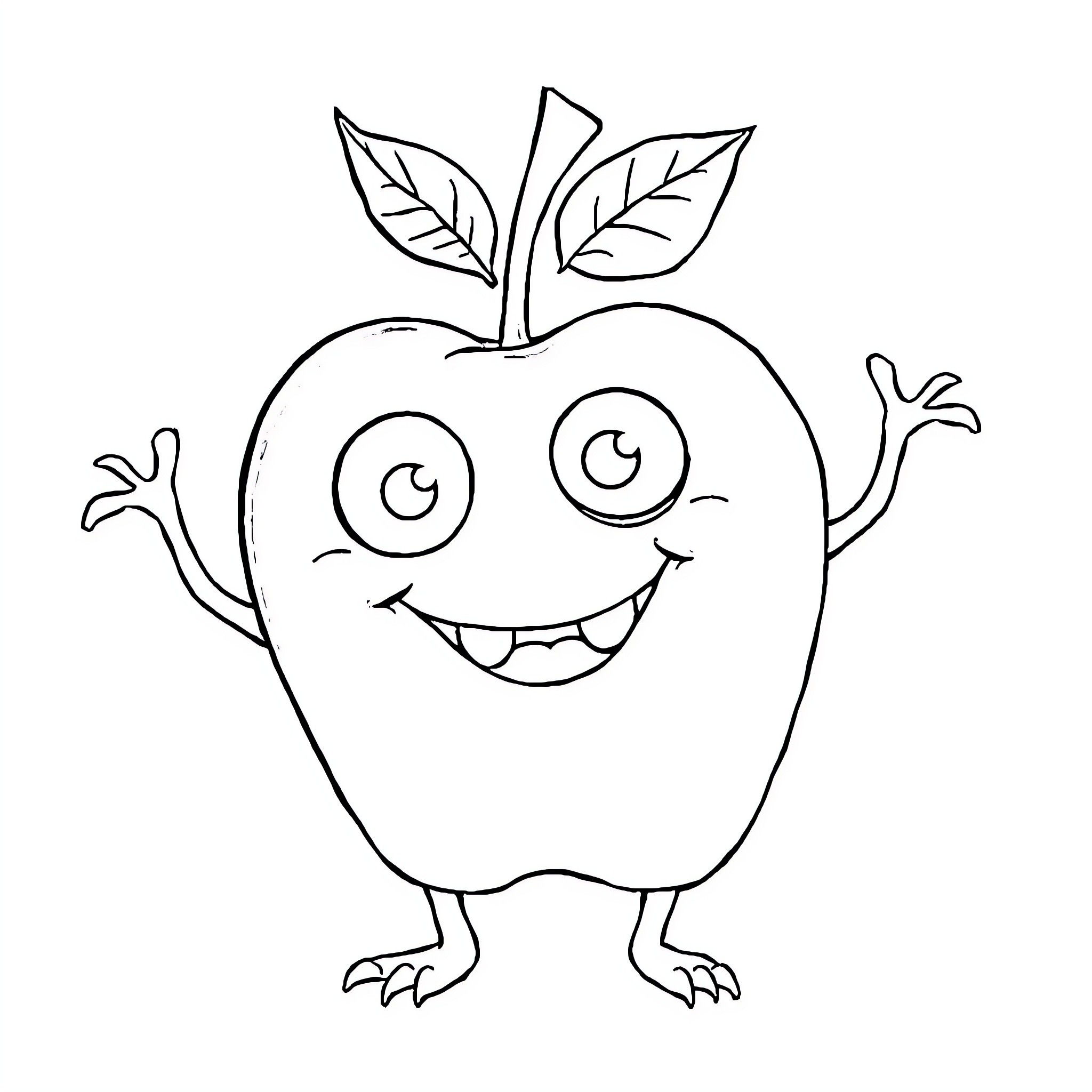 Apple Monster waving and smiling happily Coloring Page (free black-and-white line drawing printable PDF for all, from beginners to advanced learners, including children, teens, adults, and seniors)
