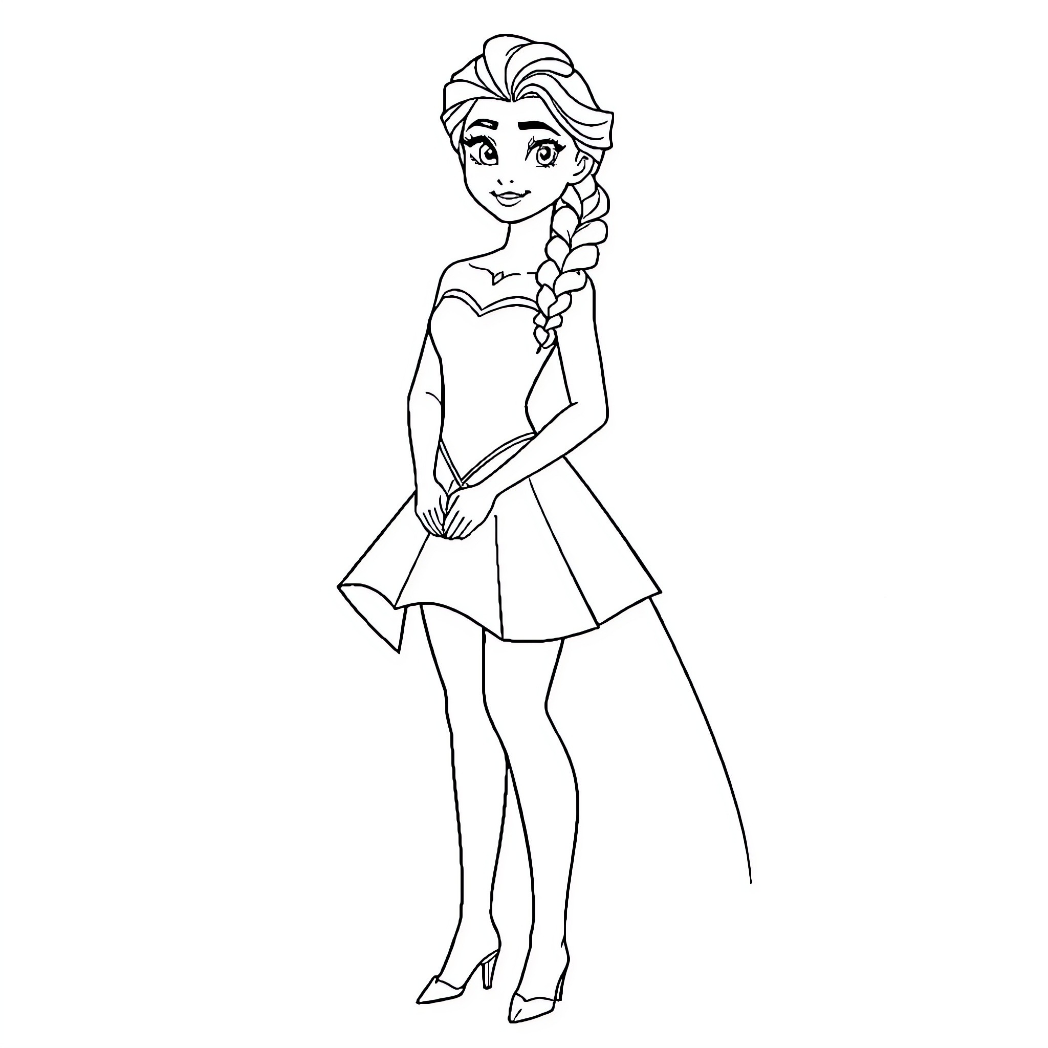 Elsa standing in elegant dress Coloring Page (free black-and-white line drawing printable PDF for all, from beginners to advanced learners, including children, teens, adults, and seniors)