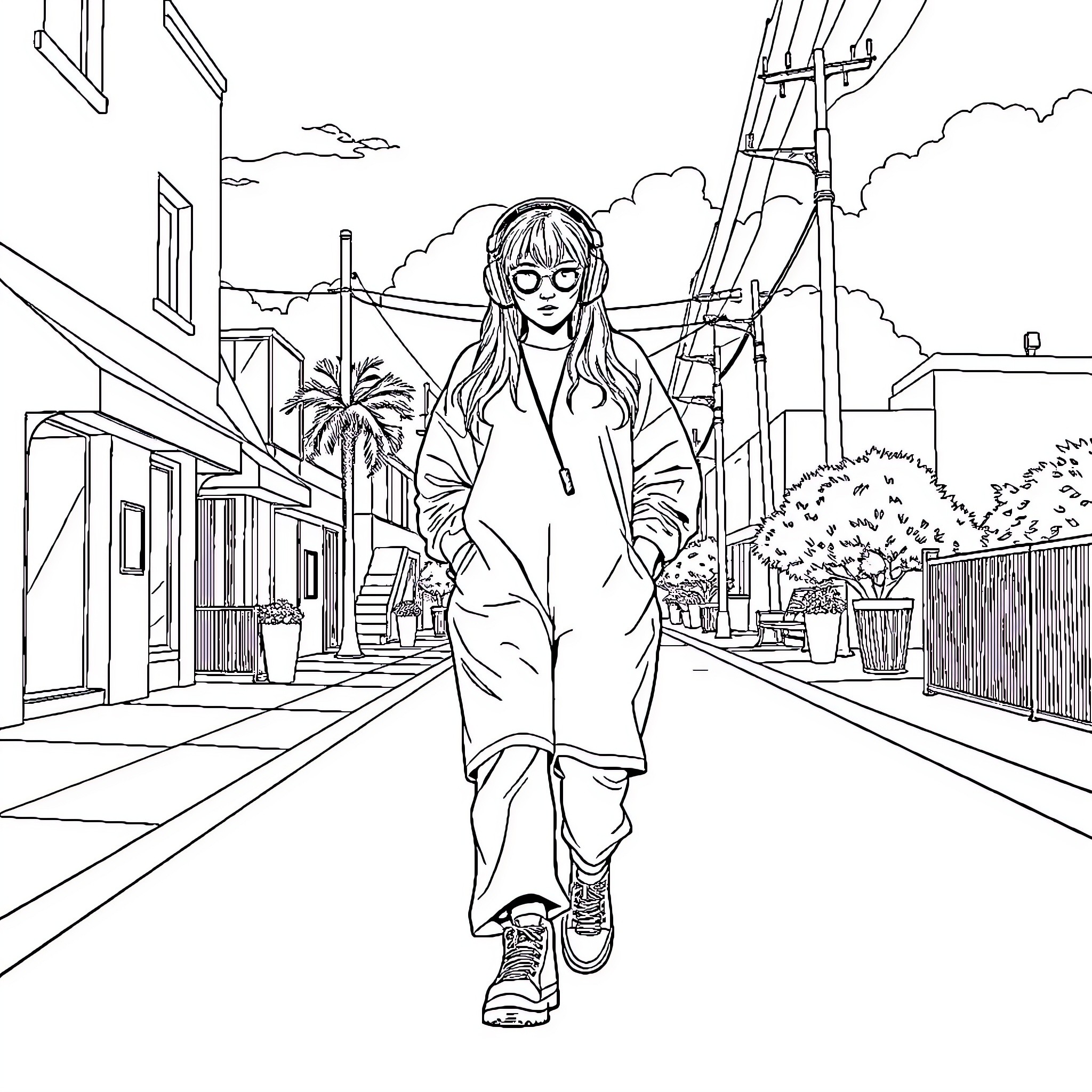 Billie Eilish strolling through a city street Coloring Page (free black-and-white line drawing printable PDF for all, from beginners to advanced learners, including children, teens, adults, and seniors)