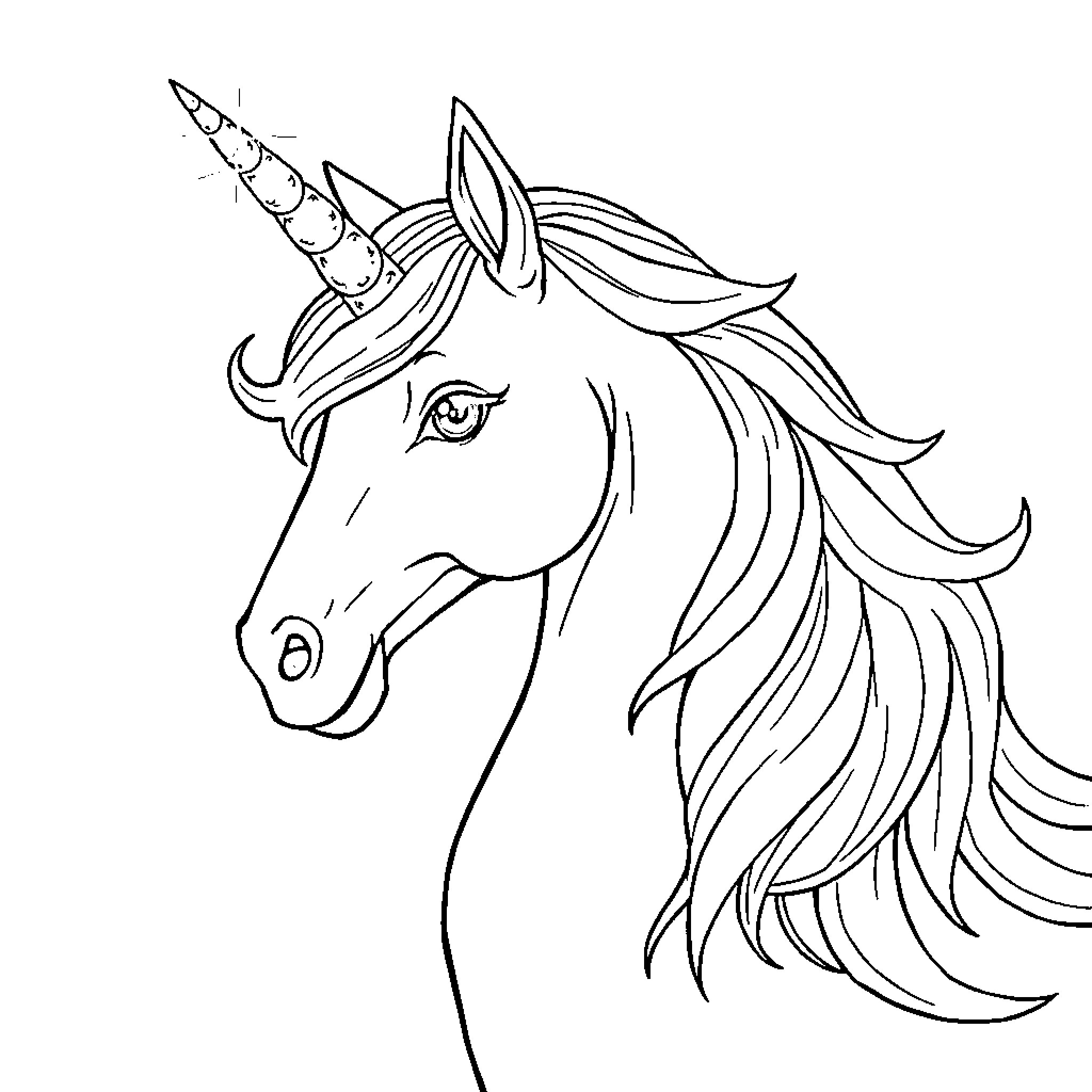 Unicorn with flowing mane and horn Coloring Page (free black-and-white line drawing printable PDF for all, from beginners to advanced learners, including children, teens, adults, and seniors)