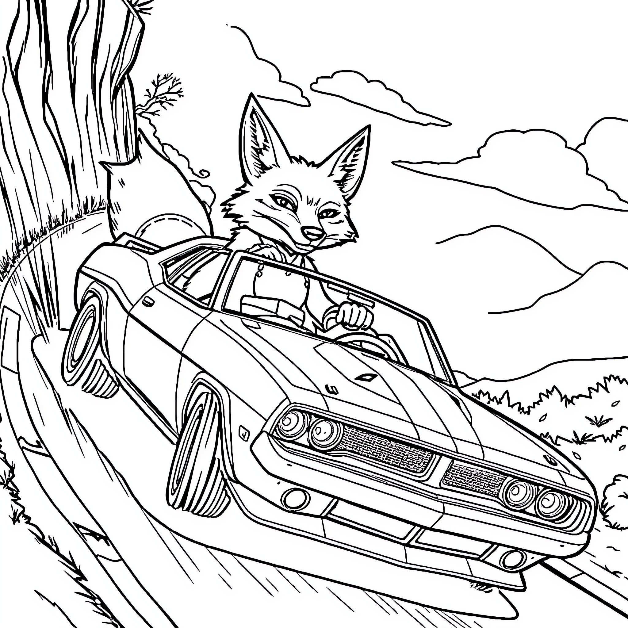 Fox driving a car through the forest Coloring Page (free black-and-white line drawing printable PDF for all, from beginners to advanced learners, including children, teens, adults, and seniors)