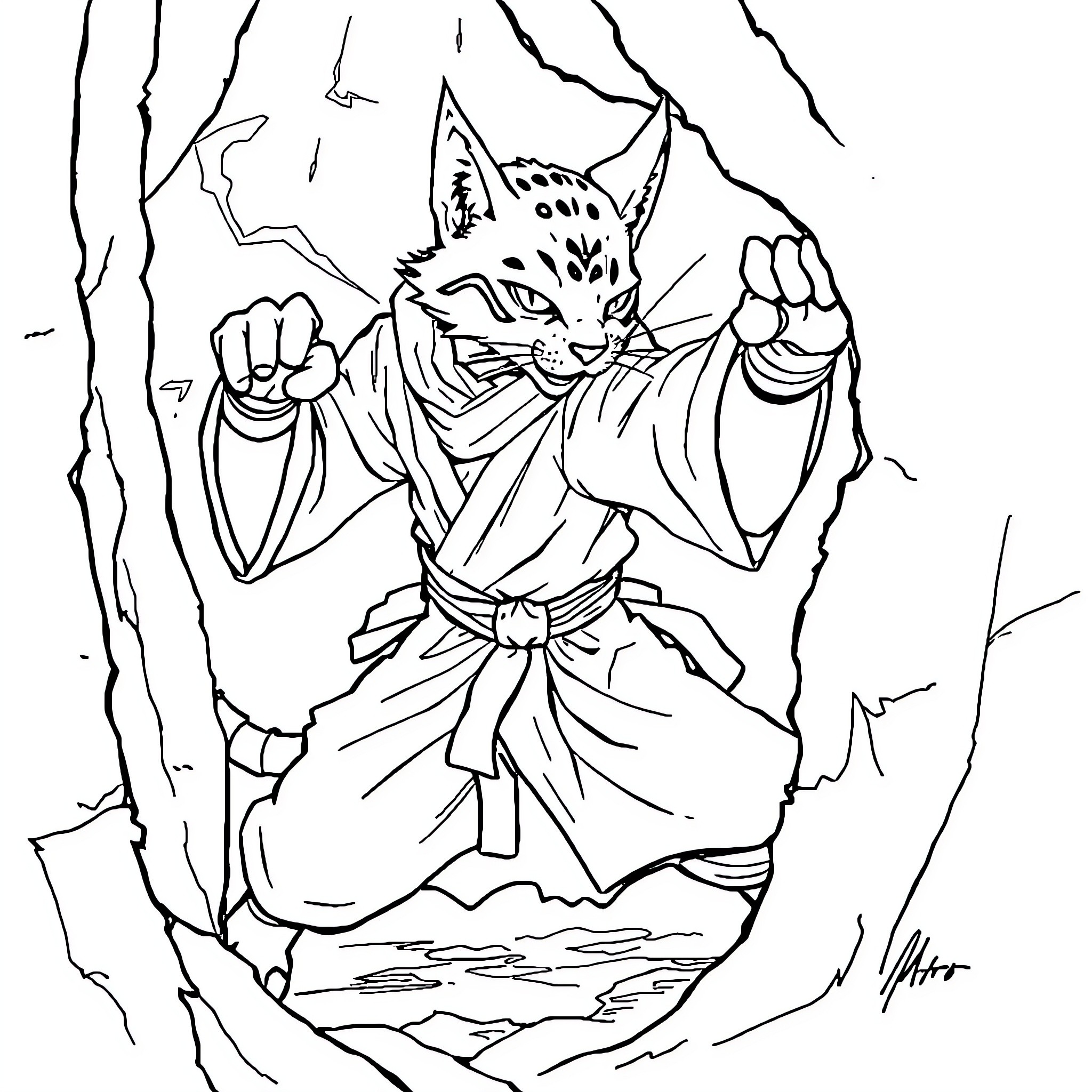Tabaxi warrior in battle stance Coloring Page (free black-and-white line drawing printable PDF for all, from beginners to advanced learners, including children, teens, adults, and seniors)