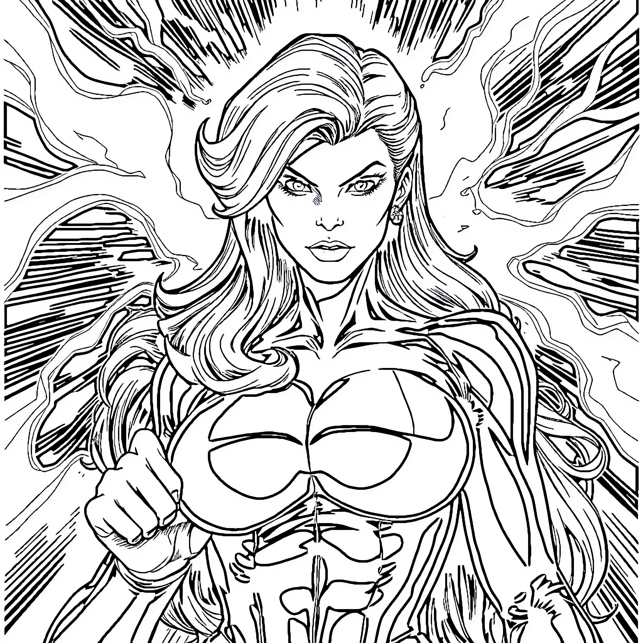 Jean Grey's Powerful Transformation Coloring Page (free black-and-white line drawing printable PDF for all, from beginners to advanced learners, including children, teens, adults, and seniors)