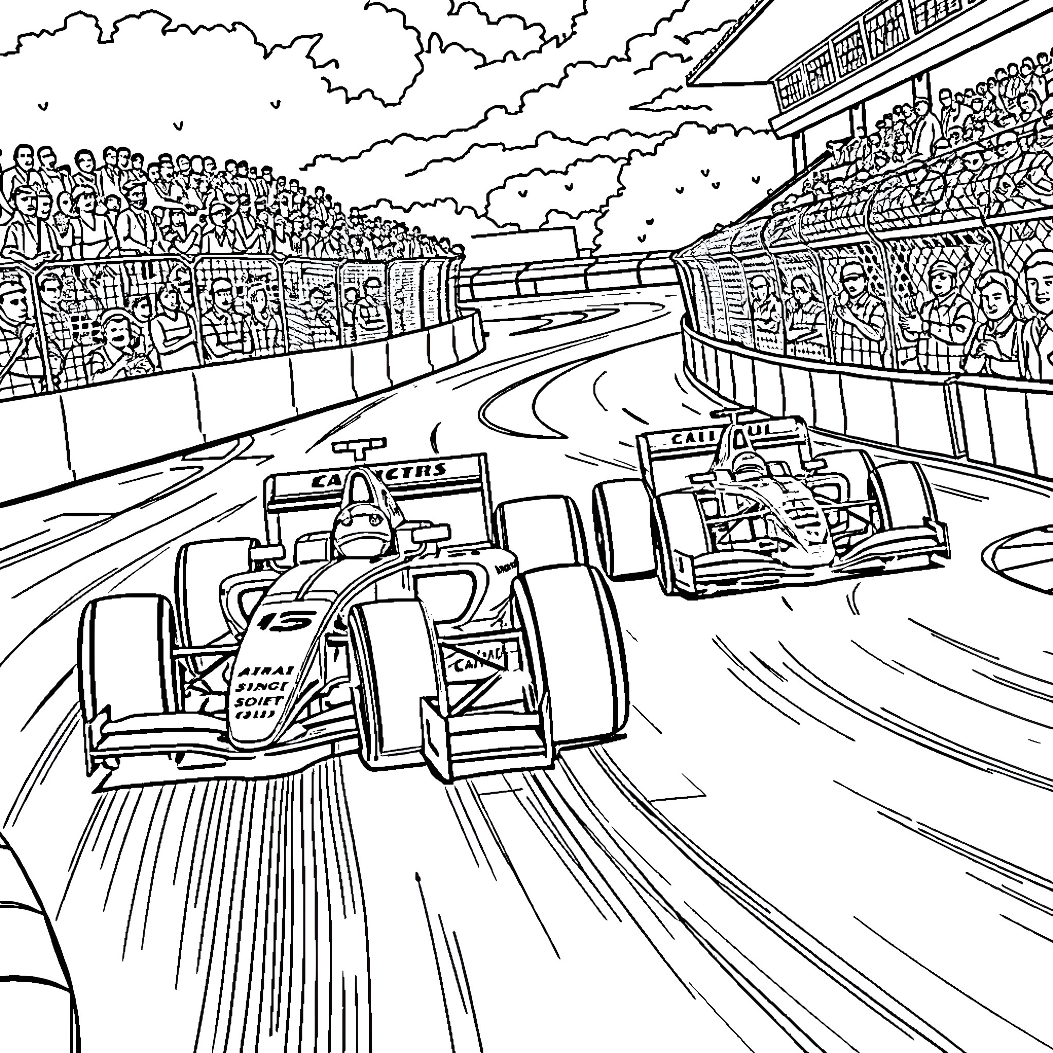 Formula 1 Cars Speeding Through Packed Stadium Coloring Page (free black-and-white line drawing printable PDF for all, from beginners to advanced learners, including children, teens, adults, and seniors)