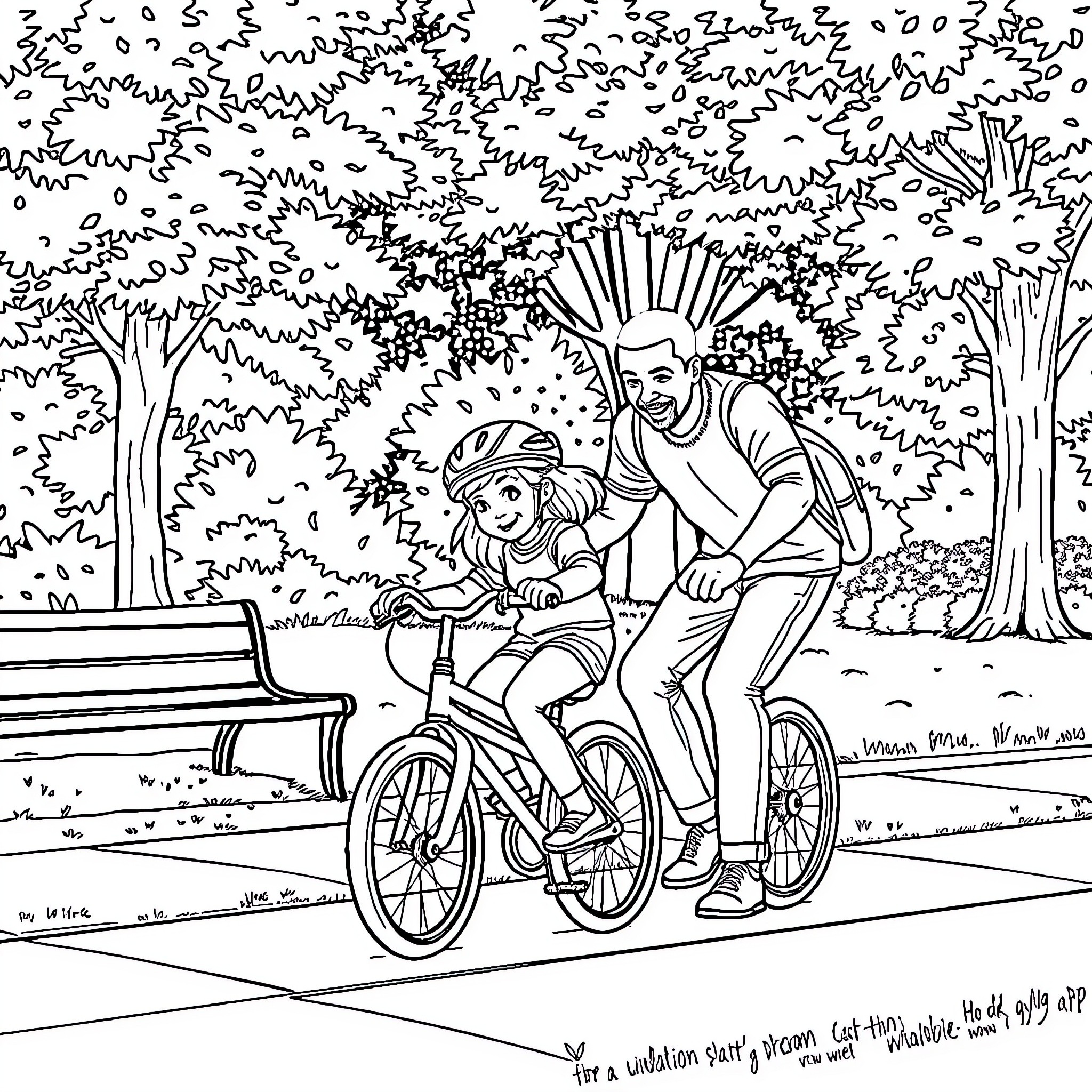 Father helps daughter ride bicycle in park Coloring Page (free black-and-white line drawing printable PDF for all, from beginners to advanced learners, including children, teens, adults, and seniors)