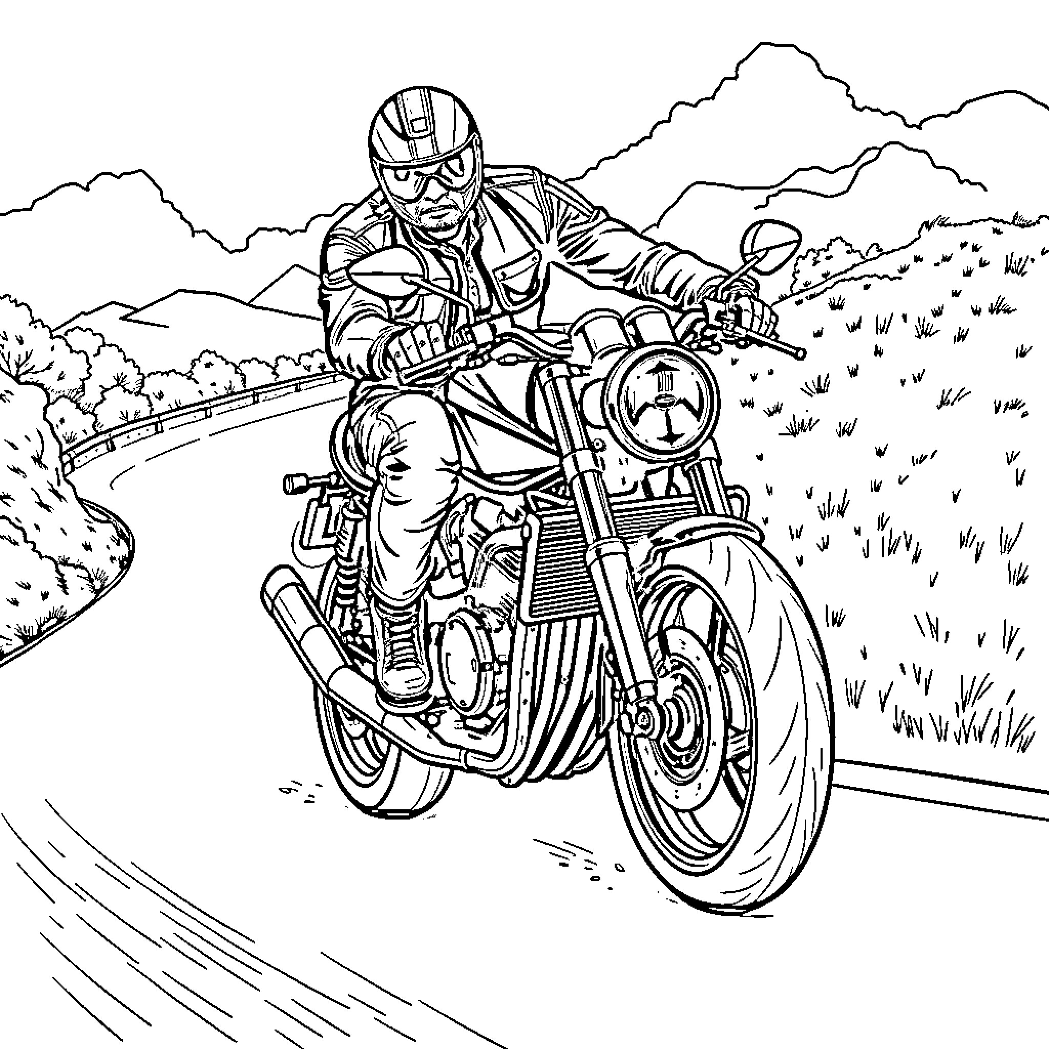 Arthur Morgan riding a motorcycle through the wilderness Coloring Page (free black-and-white line drawing printable PDF for all, from beginners to advanced learners, including children, teens, adults, and seniors)