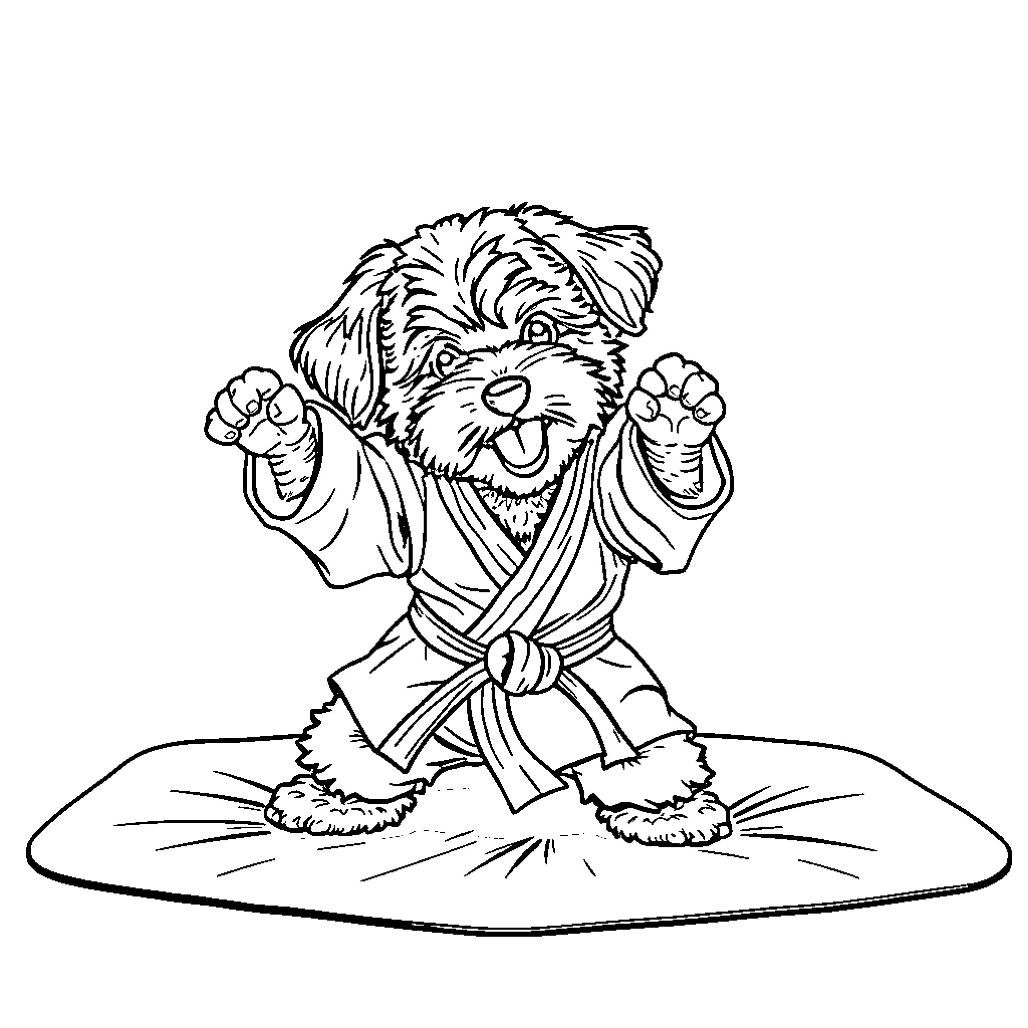 Cavapoo practicing martial arts on mat Coloring Page (free black-and-white line drawing printable PDF for all, from beginners to advanced learners, including children, teens, adults, and seniors)