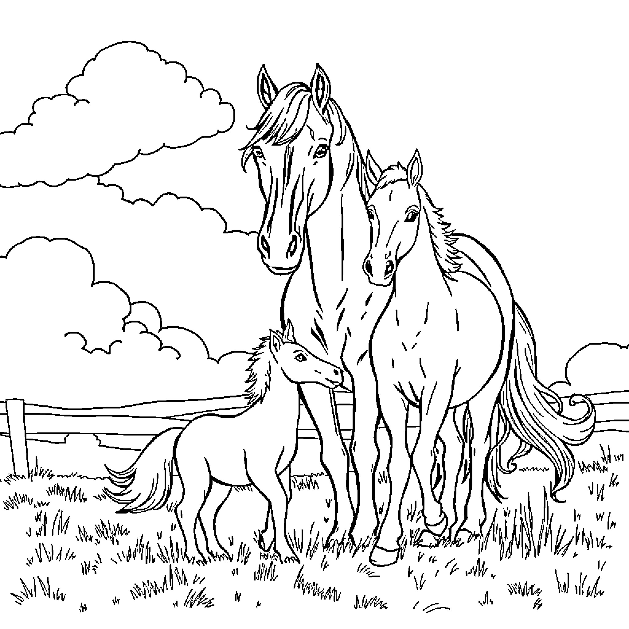 Horse family grazing in the meadow Coloring Page (free black-and-white line drawing printable PDF for all, from beginners to advanced learners, including children, teens, adults, and seniors)