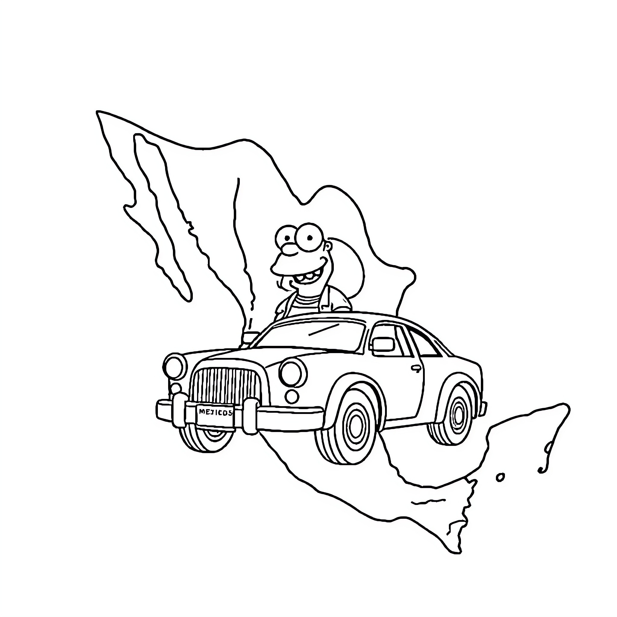 Homer Simpson drives classic car across Mexico Coloring Page (free black-and-white line drawing printable PDF for all, from beginners to advanced learners, including children, teens, adults, and seniors)