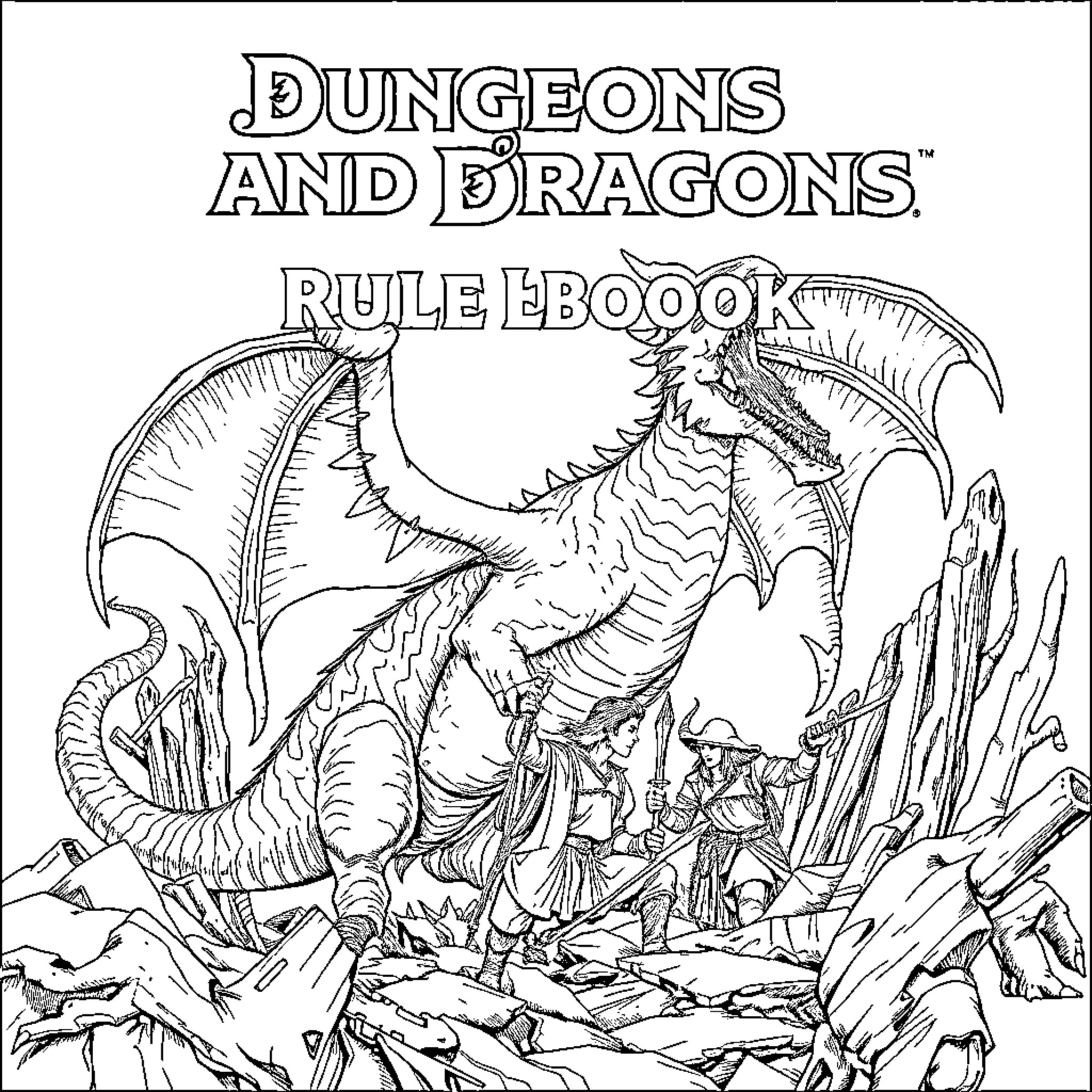 Dungeons and Dragons epic dragon battle scene Coloring Page (free black-and-white line drawing printable PDF for all, from beginners to advanced learners, including children, teens, adults, and seniors)