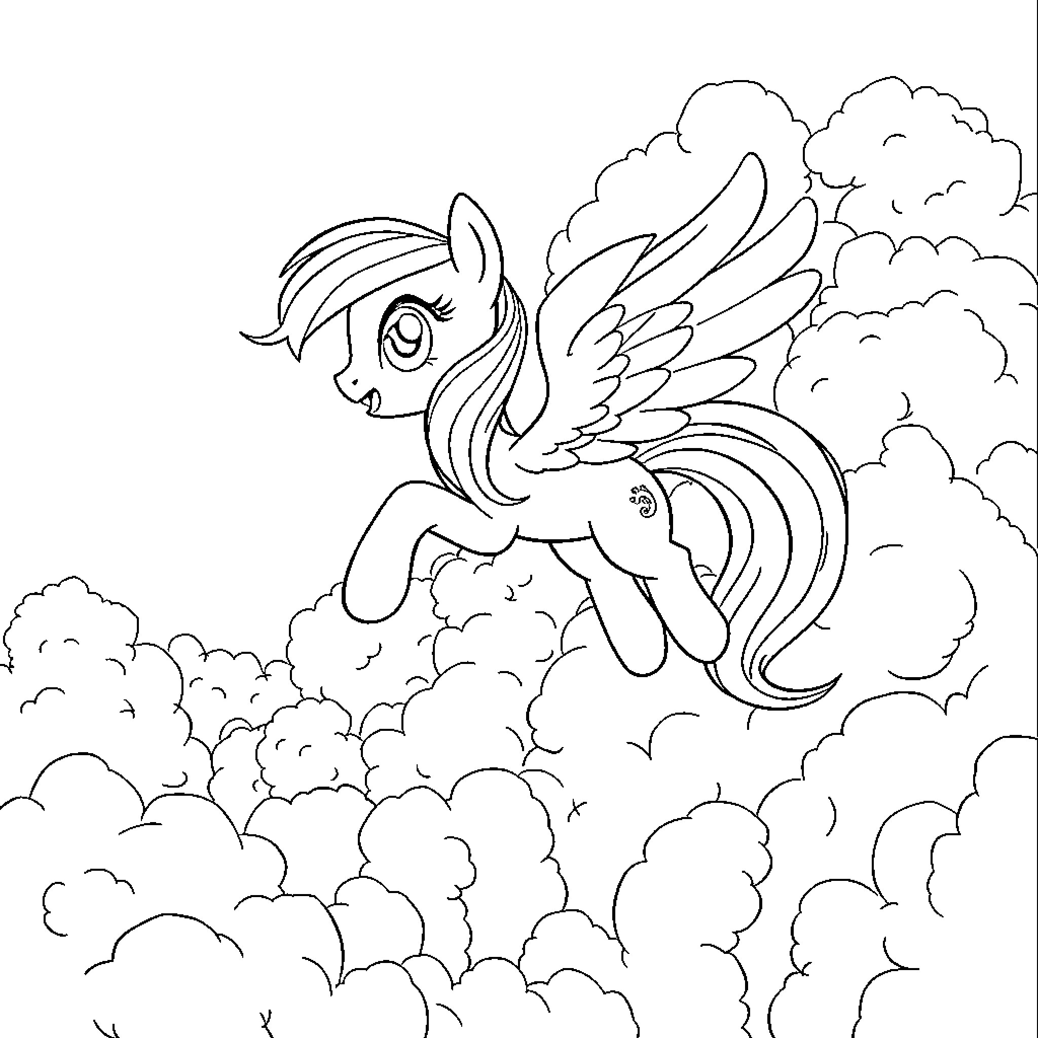 Rainbow Dash soaring through the cloudy skies Coloring Page (free black-and-white line drawing printable PDF for all, from beginners to advanced learners, including children, teens, adults, and seniors)