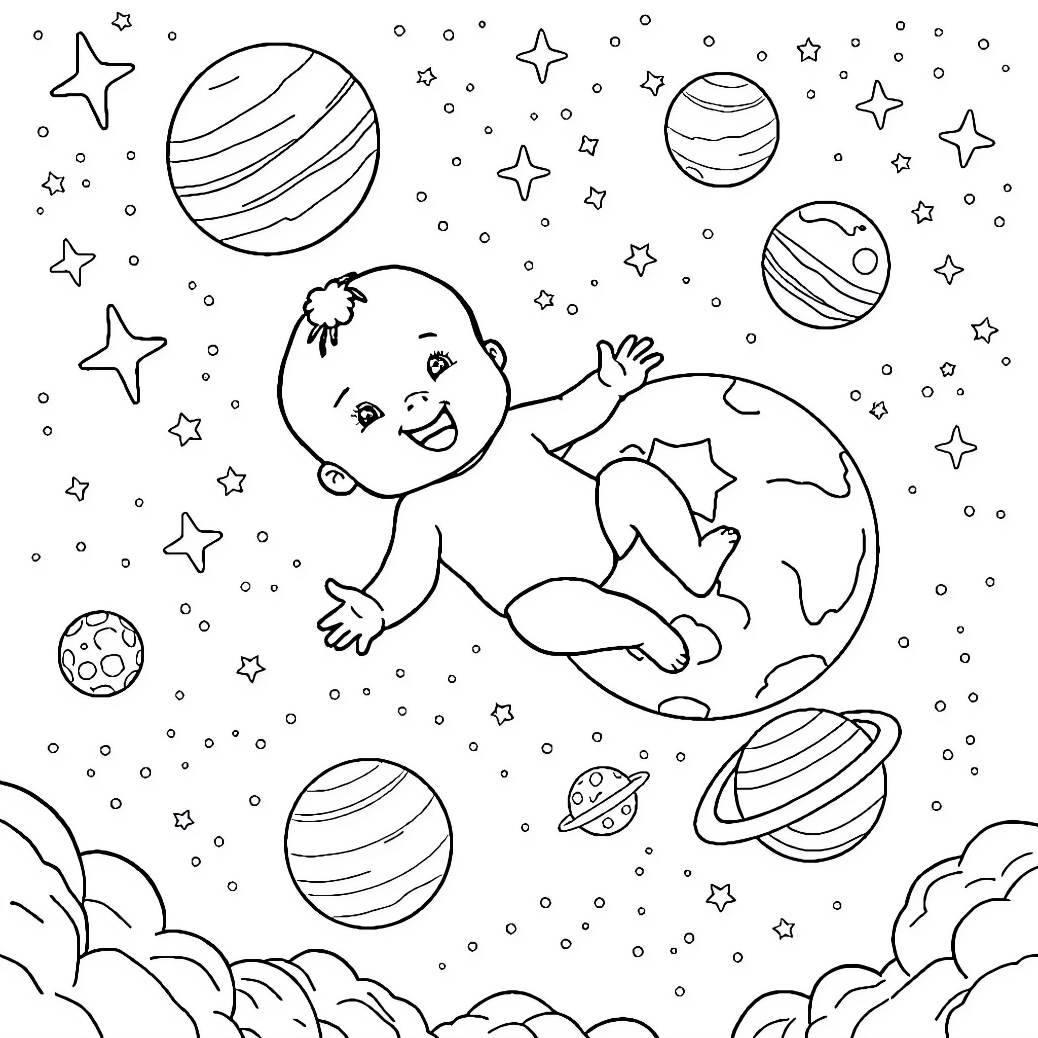 Baby floating in space with planets and stars Coloring Page (free black-and-white line drawing printable PDF for all, from beginners to advanced learners, including children, teens, adults, and seniors)