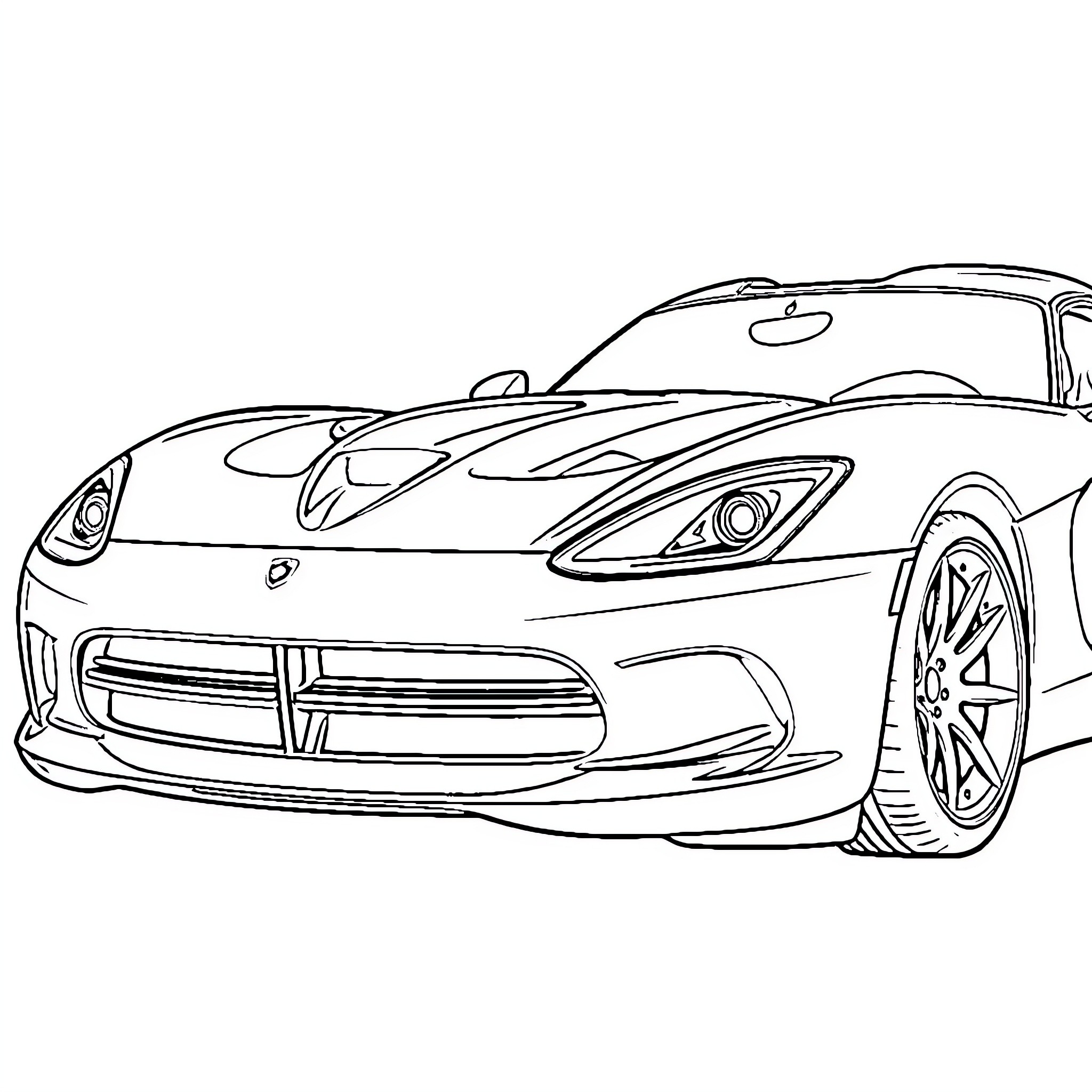 Viper sports car speeding on the road Coloring Page (free black-and-white line drawing printable PDF for all, from beginners to advanced learners, including children, teens, adults, and seniors)