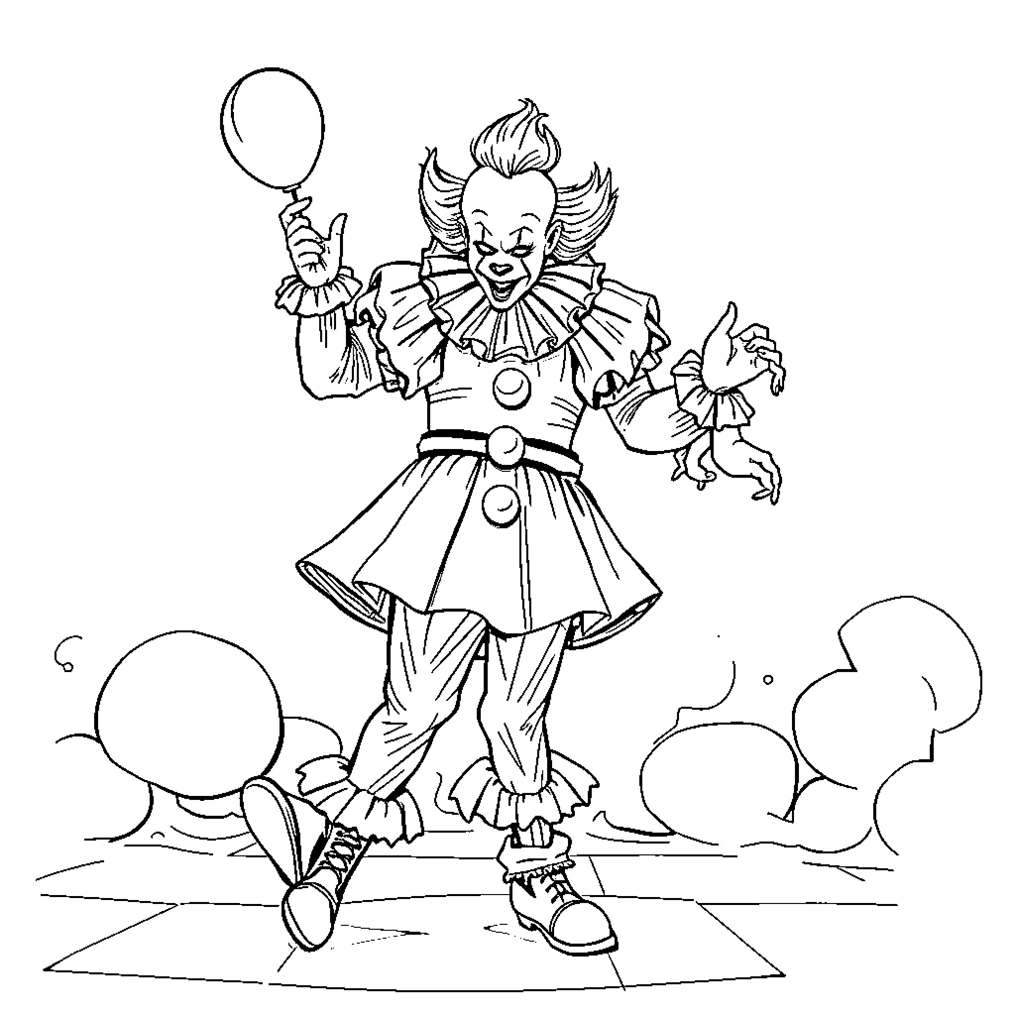 Pennywise the Dancing Clown in Circus Attire Coloring Page (free black-and-white line drawing printable PDF for all, from beginners to advanced learners, including children, teens, adults, and seniors)