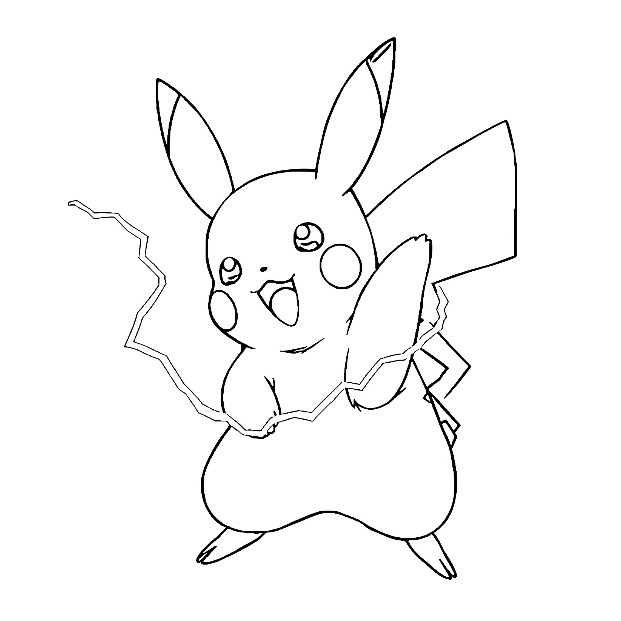 Pikachu smiling and waving in a simple outline Coloring Page (free black-and-white line drawing printable PDF for all, from beginners to advanced learners, including children, teens, adults, and seniors)