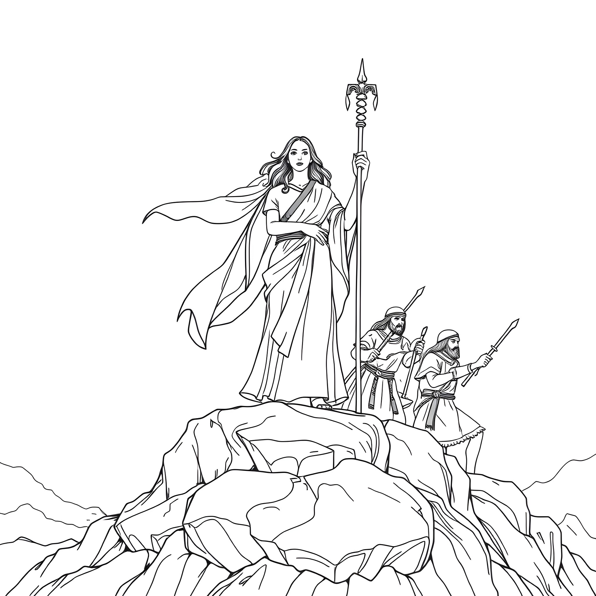 Deborah leading the warriors into battle on the mountaintop Coloring Page (free black-and-white line drawing printable PDF for all, from beginners to advanced learners, including children, teens, adults, and seniors)