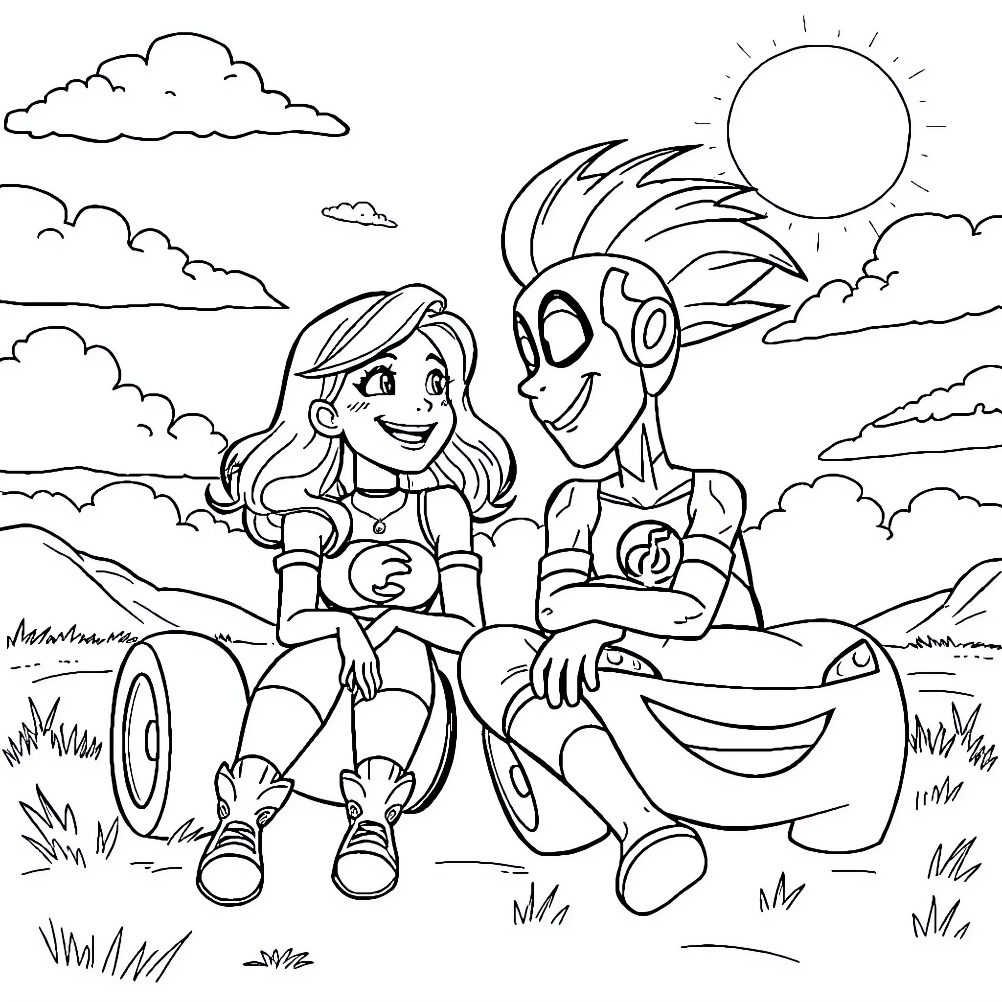 Sonia and her Friend Enjoy a Sunny Day Outdoors Coloring Page (free black-and-white line drawing printable PDF for all, from beginners to advanced learners, including children, teens, adults, and seniors)