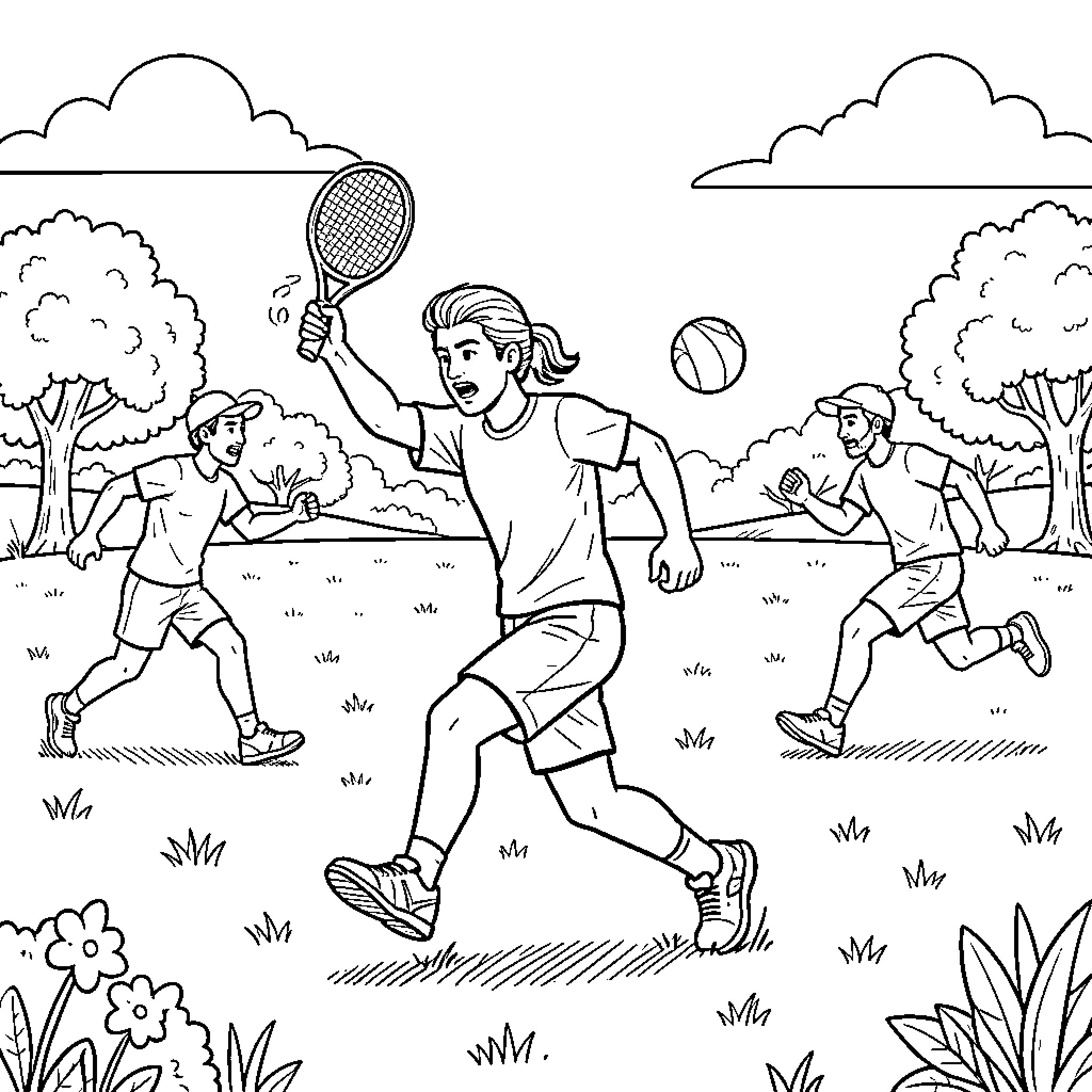Armenian youth playing tennis outdoors in a park Coloring Page (free black-and-white line drawing printable PDF for all, from beginners to advanced learners, including children, teens, adults, and seniors)