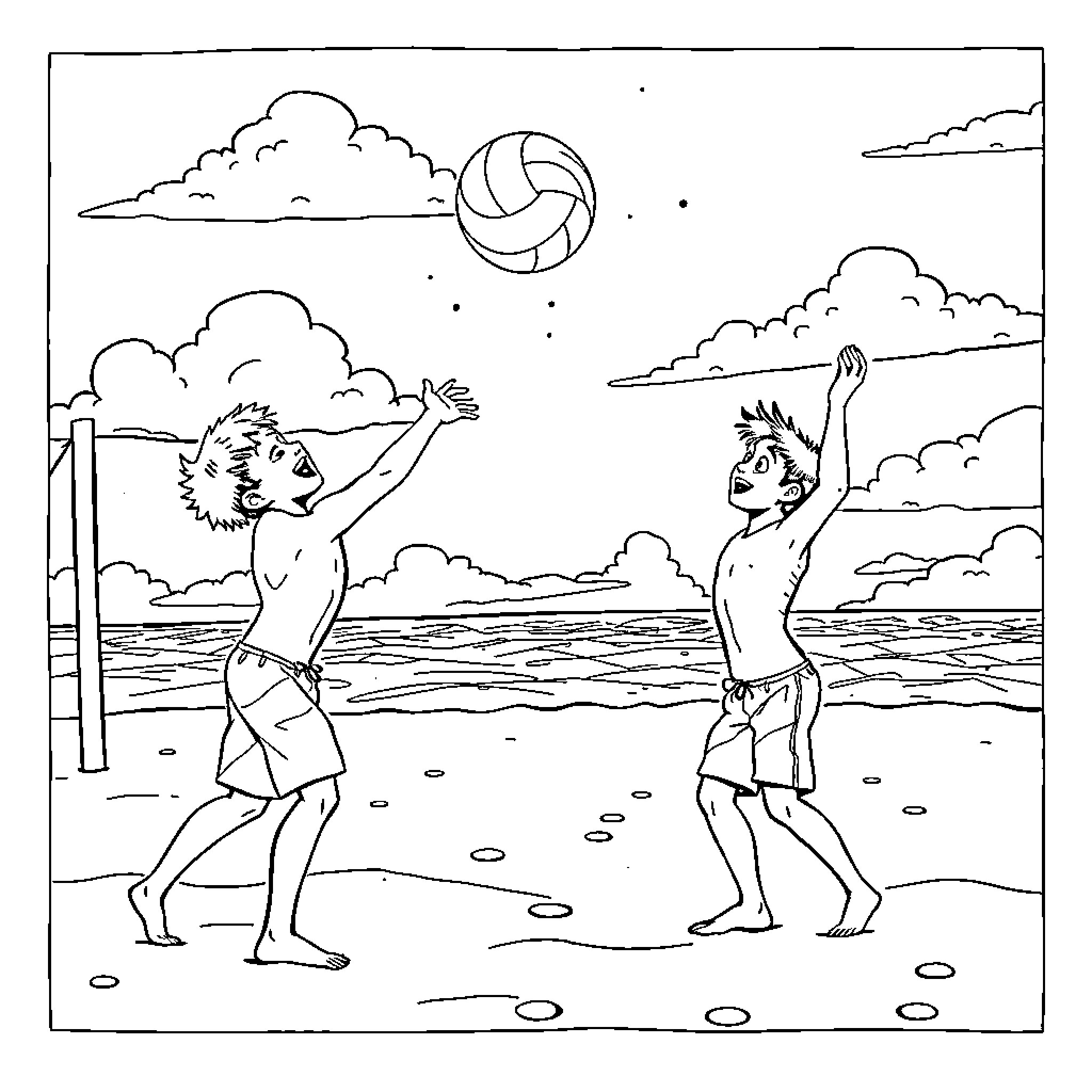 Boys playing volleyball on the beach Coloring Page (free black-and-white line drawing printable PDF for all, from beginners to advanced learners, including children, teens, adults, and seniors)