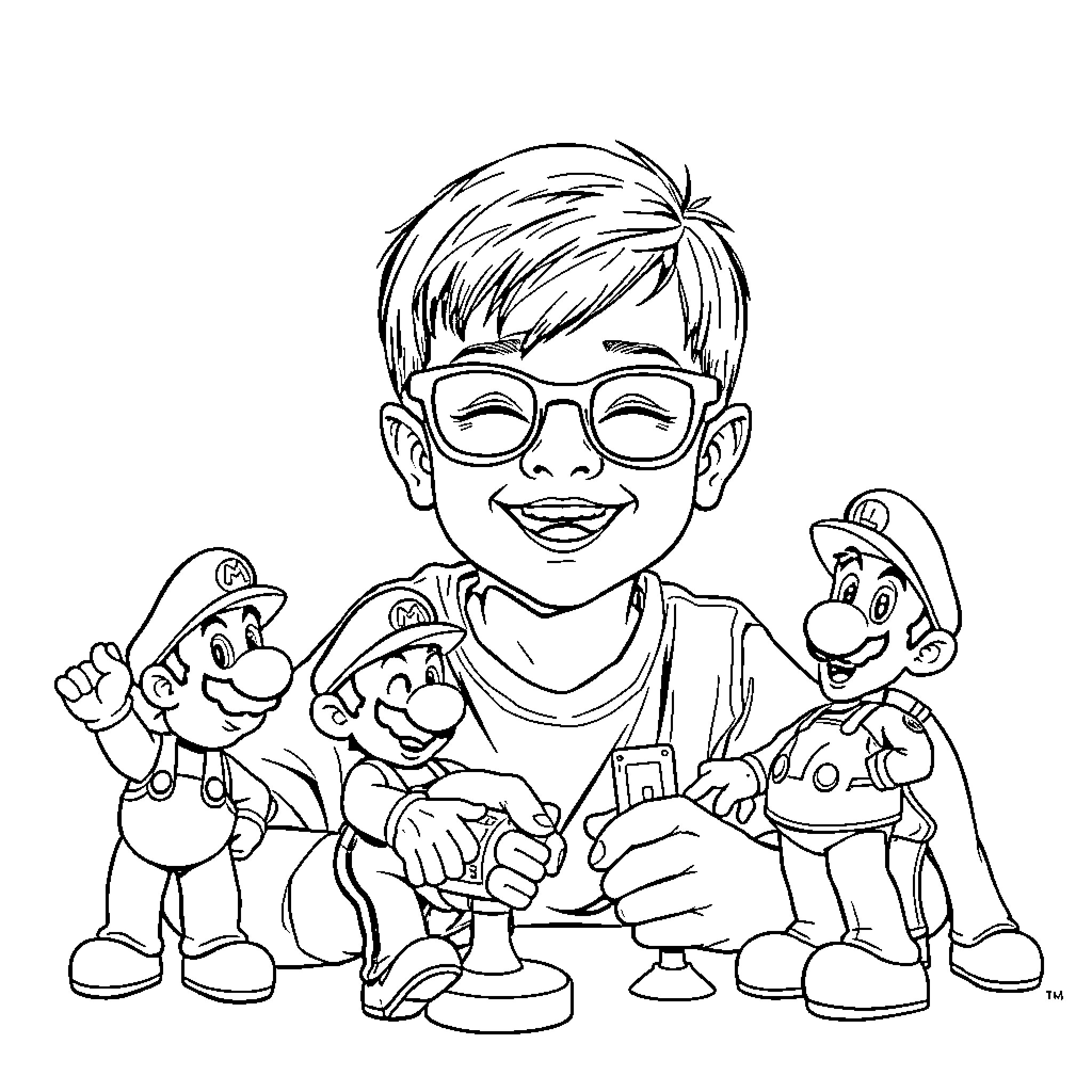 Boy playing with video game characters Coloring Page (free black-and-white line drawing printable PDF for all, from beginners to advanced learners, including children, teens, adults, and seniors)