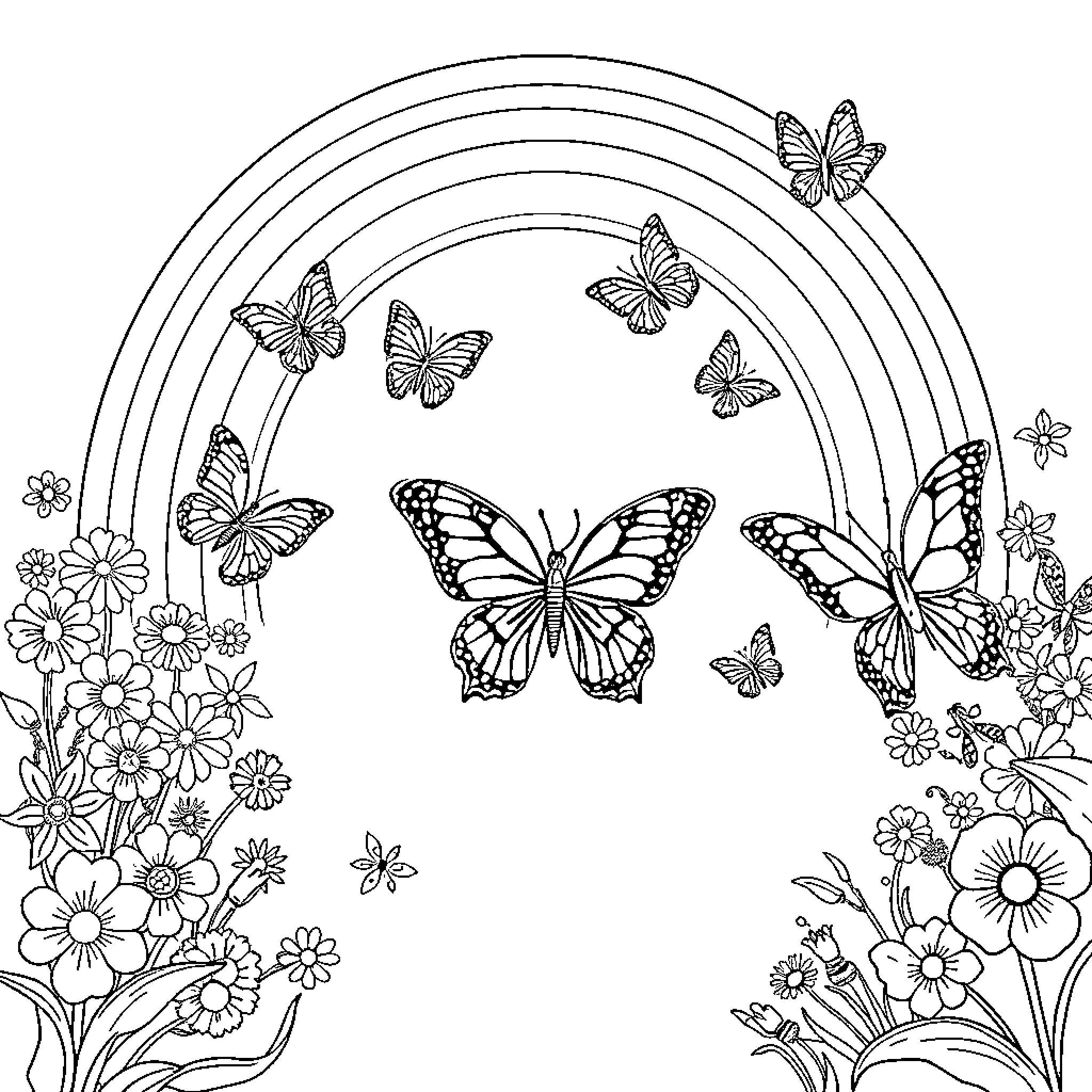Butterfly Meadow with Flowers and Rainbows Coloring Page (free black-and-white line drawing printable PDF for all, from beginners to advanced learners, including children, teens, adults, and seniors)
