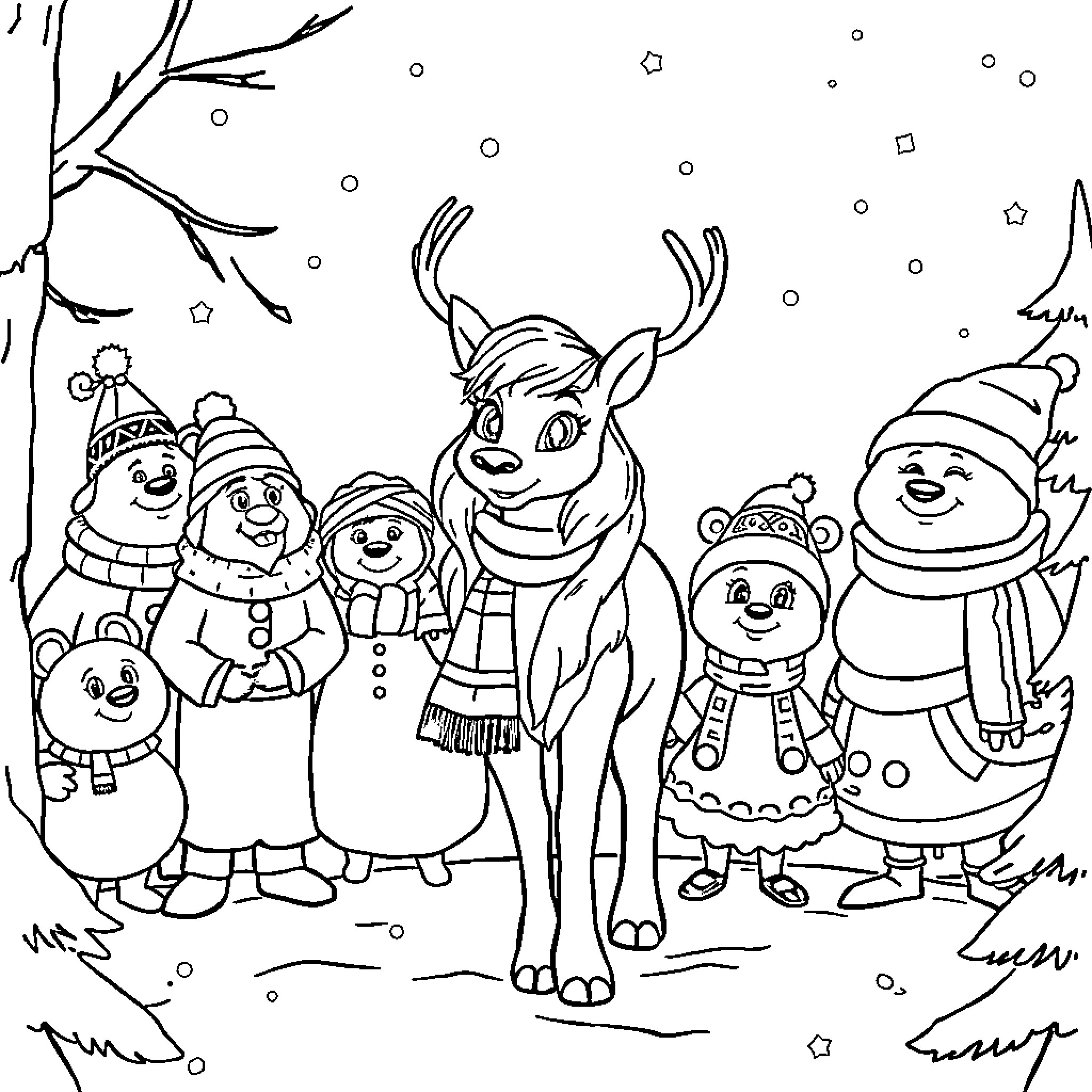 Queen and Her Festive Companions in a Wintry Landscape Coloring Page (free black-and-white line drawing printable PDF for all, from beginners to advanced learners, including children, teens, adults, and seniors)