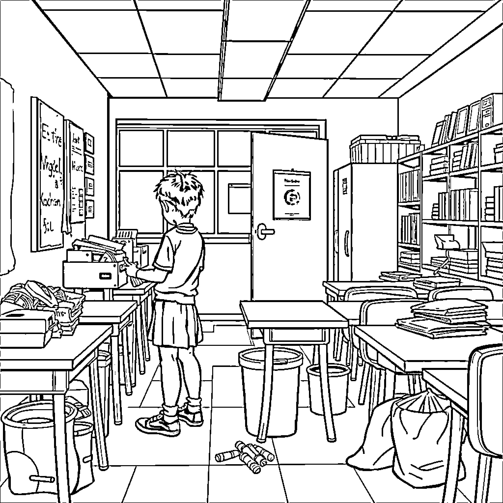 Cleanliness and Organization in the Classroom Coloring Page (free black-and-white line drawing printable PDF for all, from beginners to advanced learners, including children, teens, adults, and seniors)