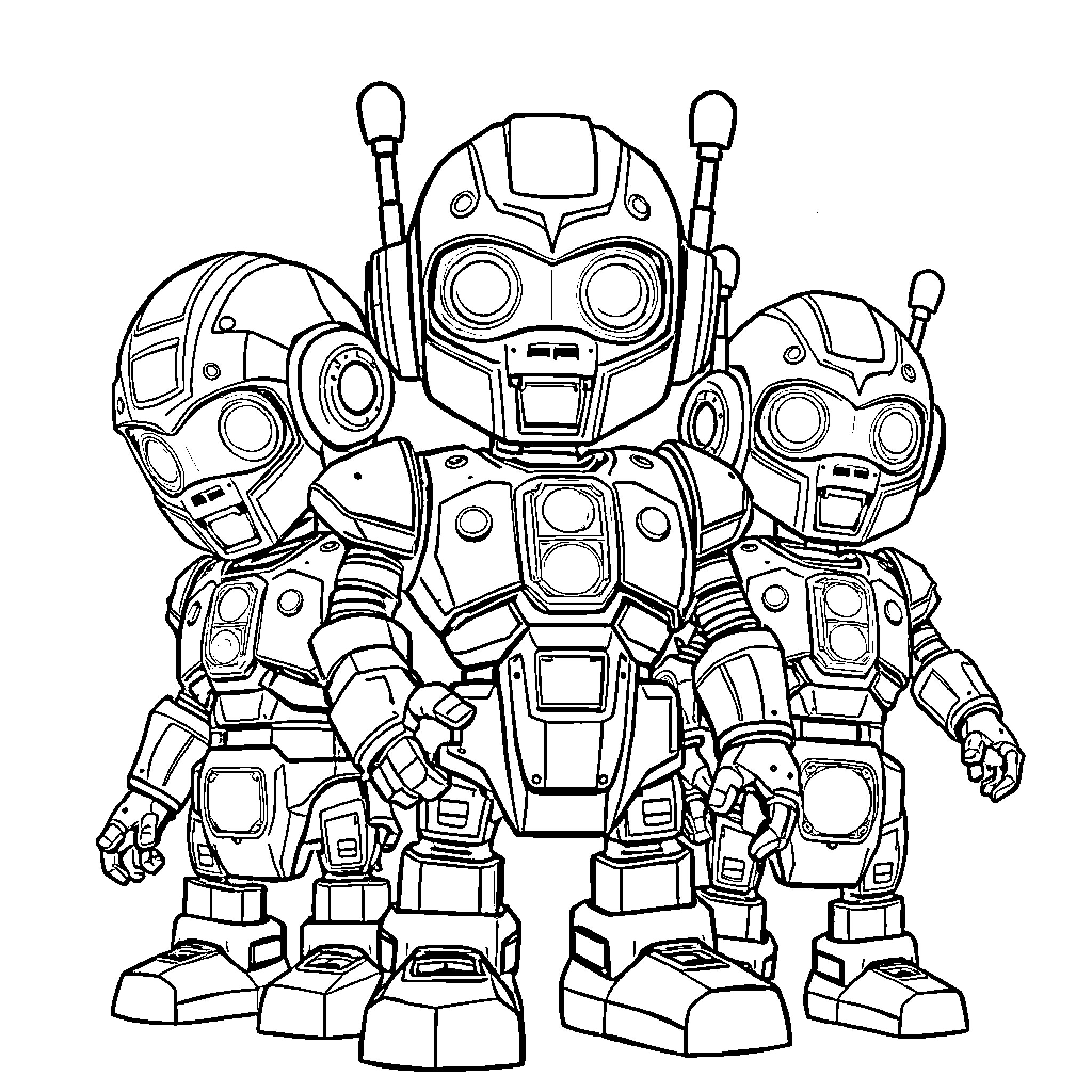 Robot Companions Standing Together Coloring Page (free black-and-white line drawing printable PDF for all, from beginners to advanced learners, including children, teens, adults, and seniors)