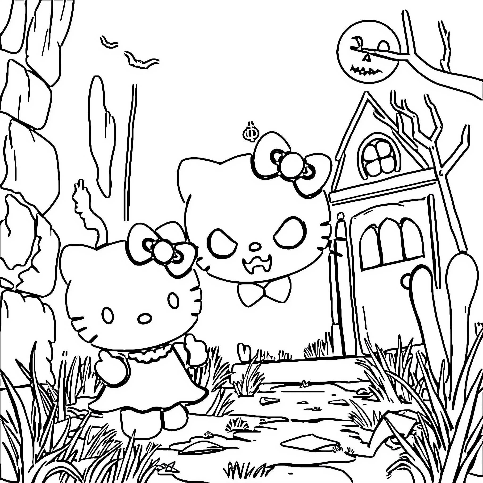 Hello Kitty exploring a haunted house in the forest Coloring Page (free black-and-white line drawing printable PDF for all, from beginners to advanced learners, including children, teens, adults, and seniors)